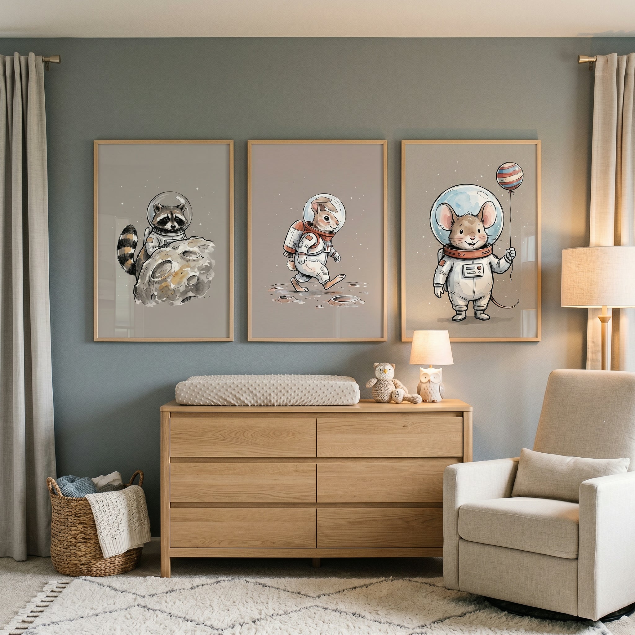 Soft Watercolor Astronaut Animal Wall Art Set of 3 - Little Moon Explorers