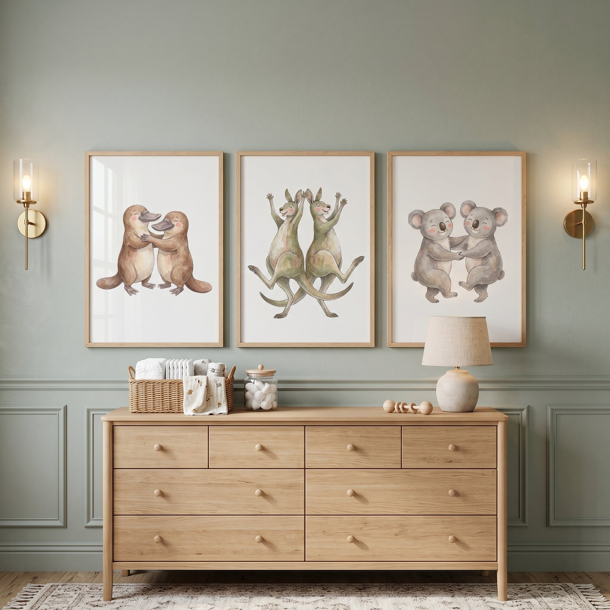 Soft Watercolor Australian Animals Wall Art Set of 3 - Dancing Aussie Friends