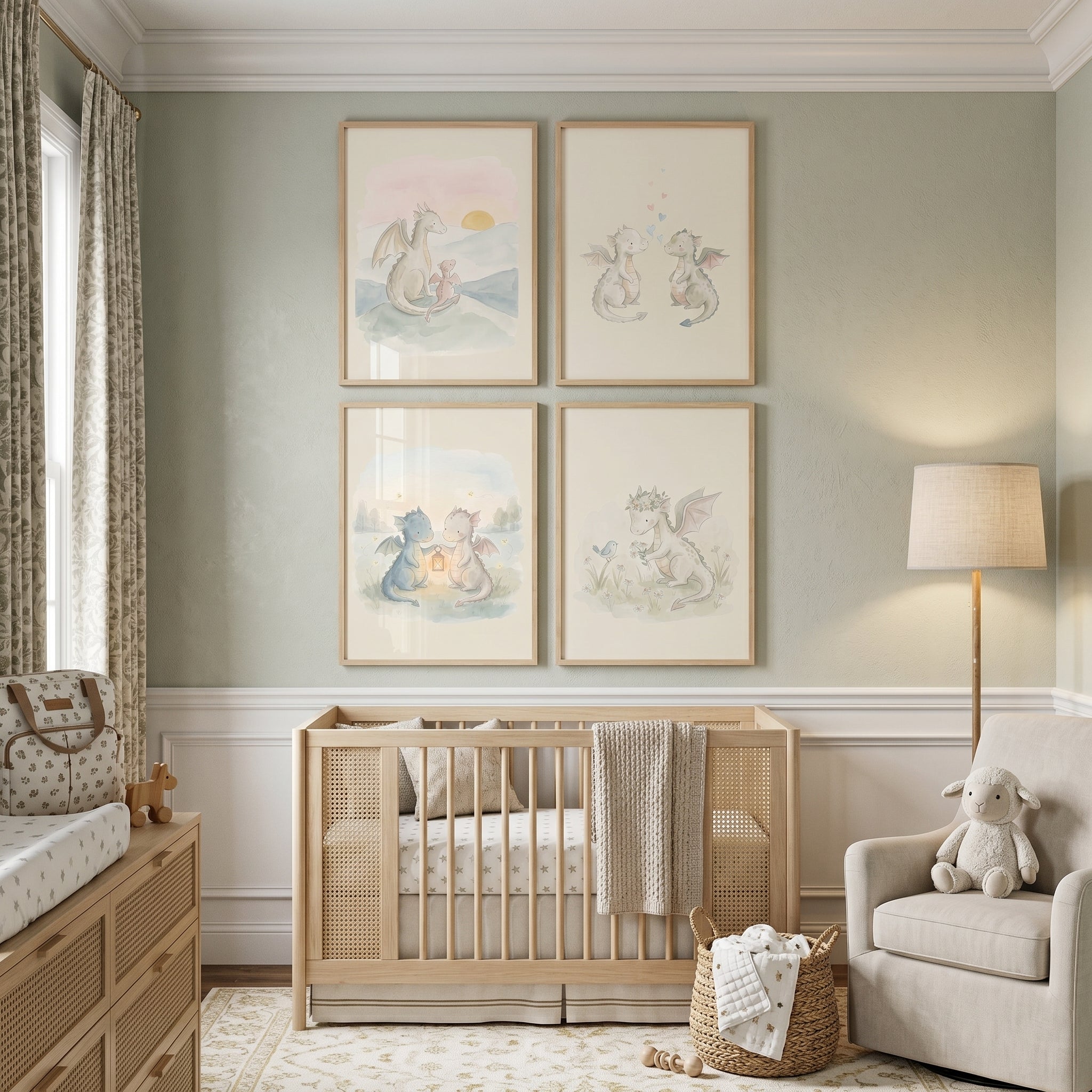 Soft Watercolor Baby Dragon Wall Art Set of 4 - Gentle Dragon Tales