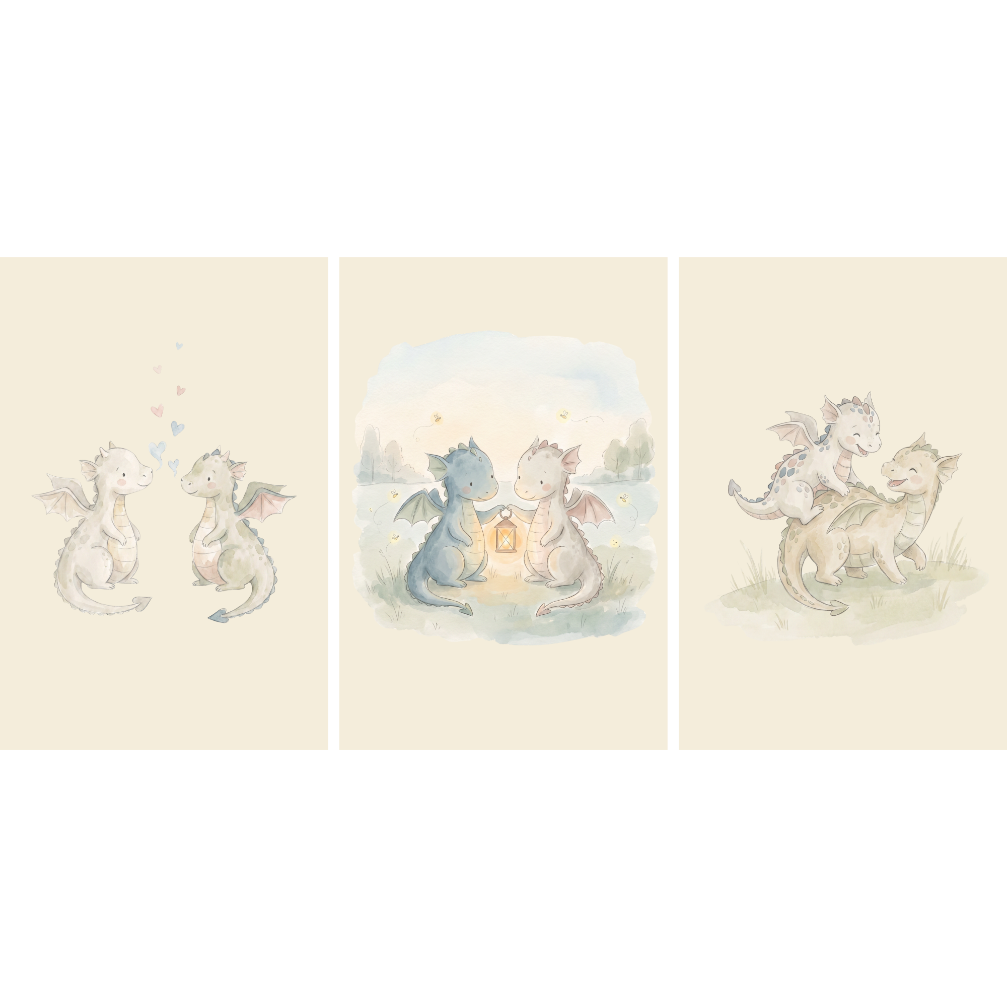 Soft Watercolor Baby Dragons Wall Art Set of 3 - Sweet Baby Dragons