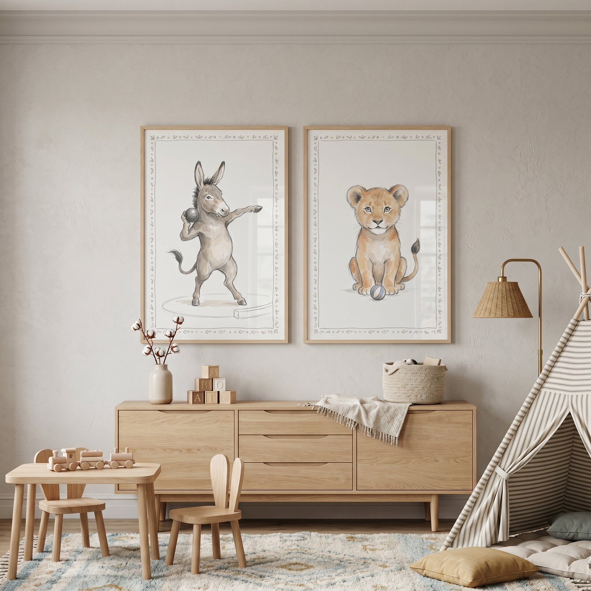 Soft Watercolor Ball Animals Wall Art Set of 2 - Playful Nursery Duo