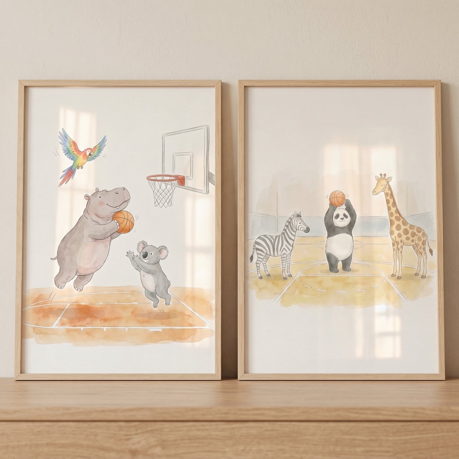 Soft watercolor basketball animals wall art set of 2 shows a hippo, panda, and other animals playing on basketball courts.