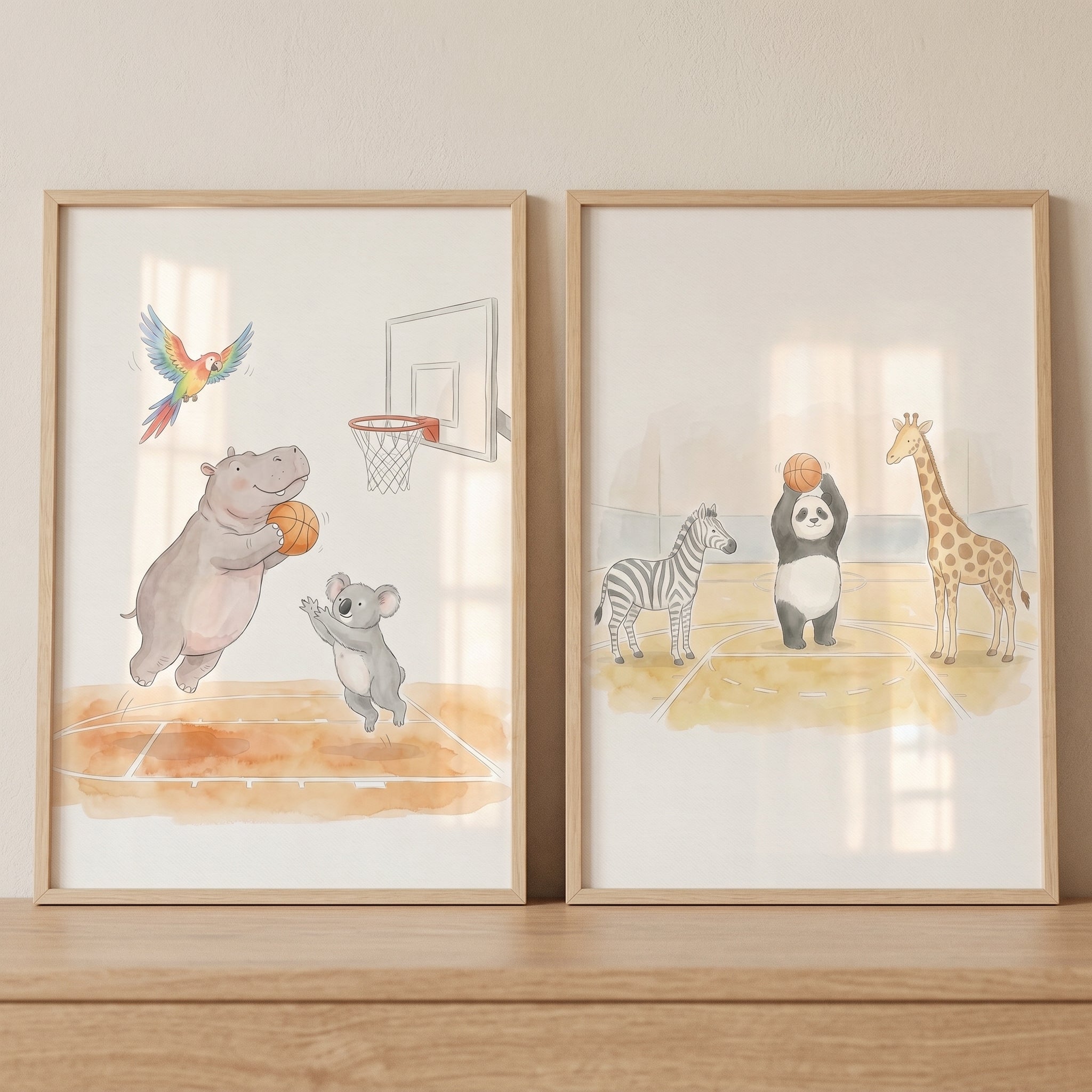 Soft Watercolor Basketball Animals Wall Art Set of 2 - Wild Basketball Fun
