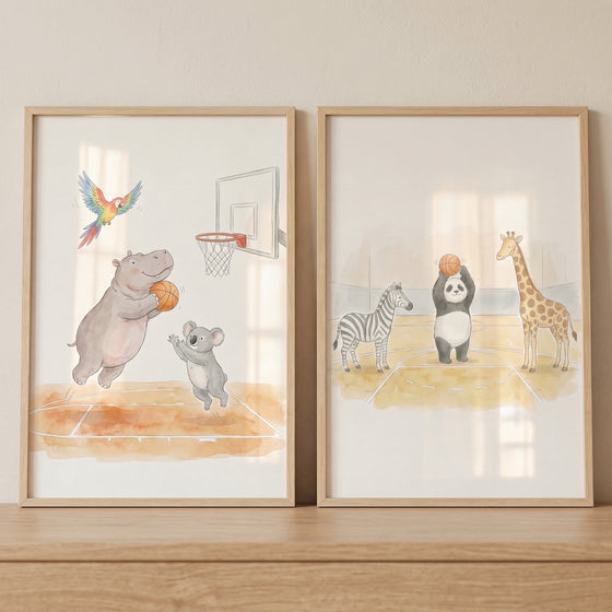 Soft watercolor basketball animals wall art set of 2 shows a hippo, panda, and other animals playing on basketball courts.