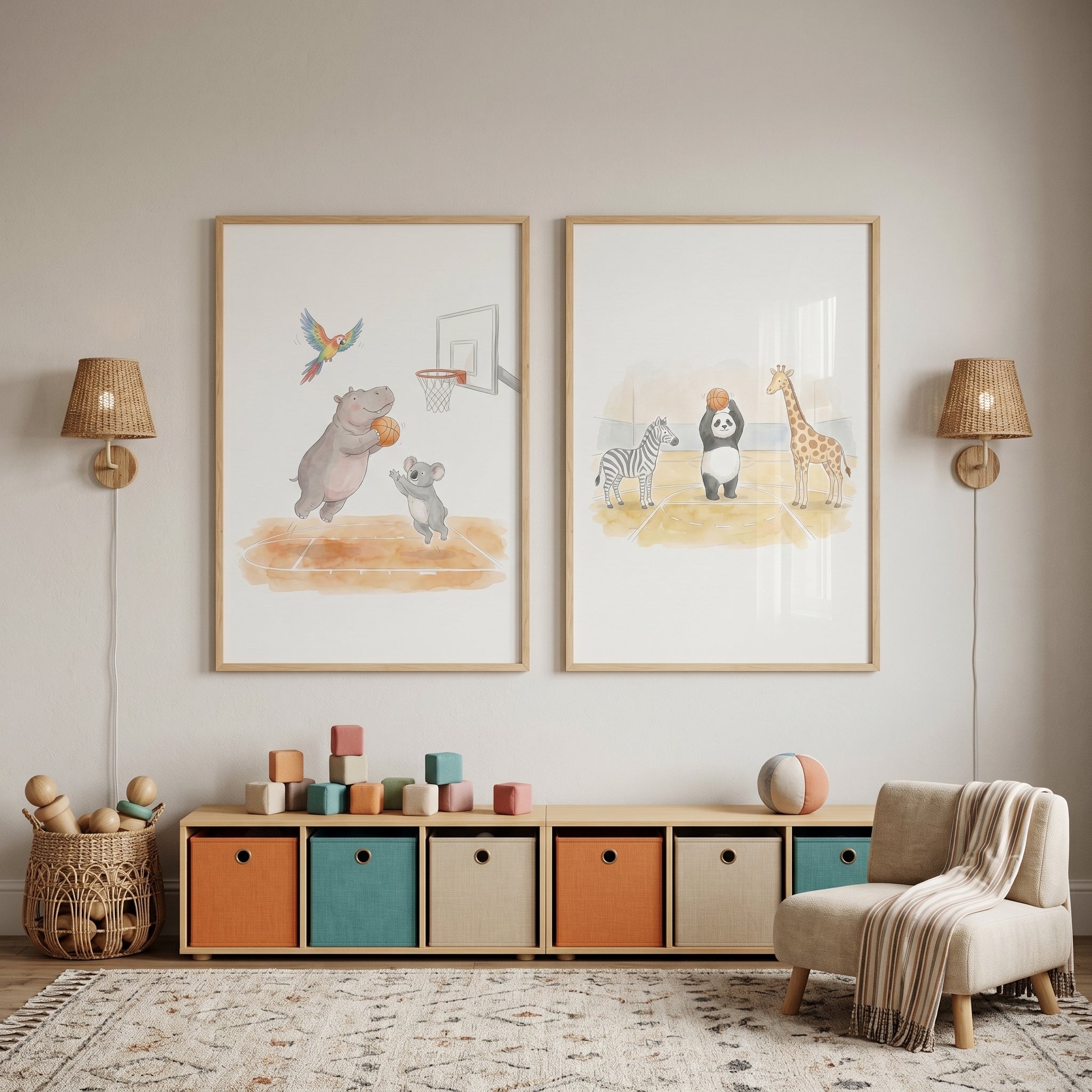 Soft Watercolor Basketball Animals Wall Art Set of 2 - Wild Basketball Fun
