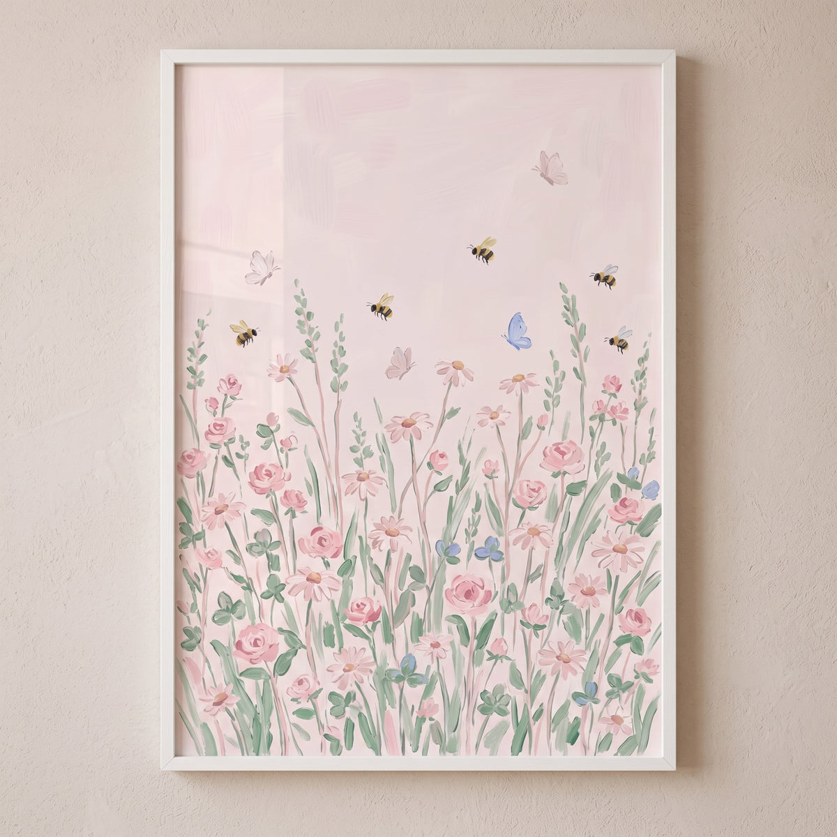 Soft watercolor bee wildflower wall art featuring pink blossoms, bees, and butterflies in a white frame.