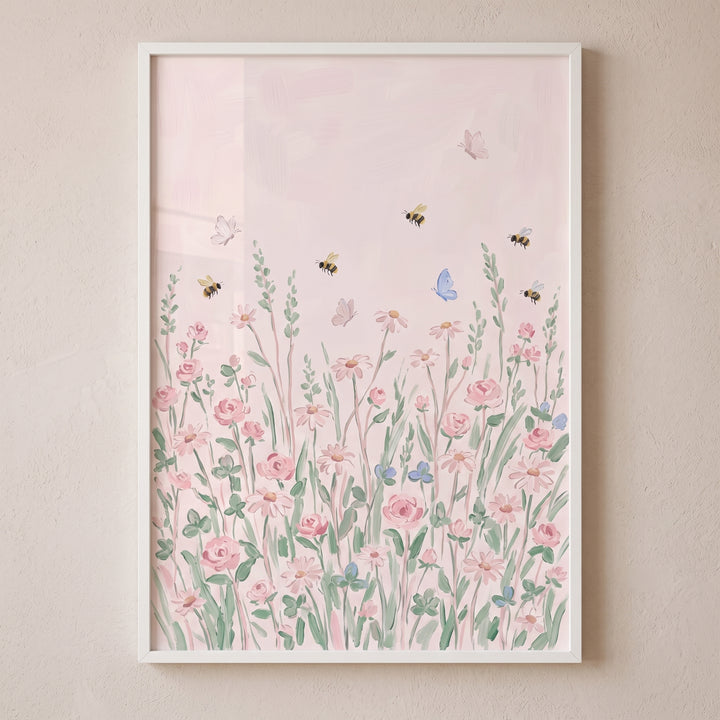 Soft watercolor bee wildflower wall art featuring pink blossoms, bees, and butterflies in a white frame.