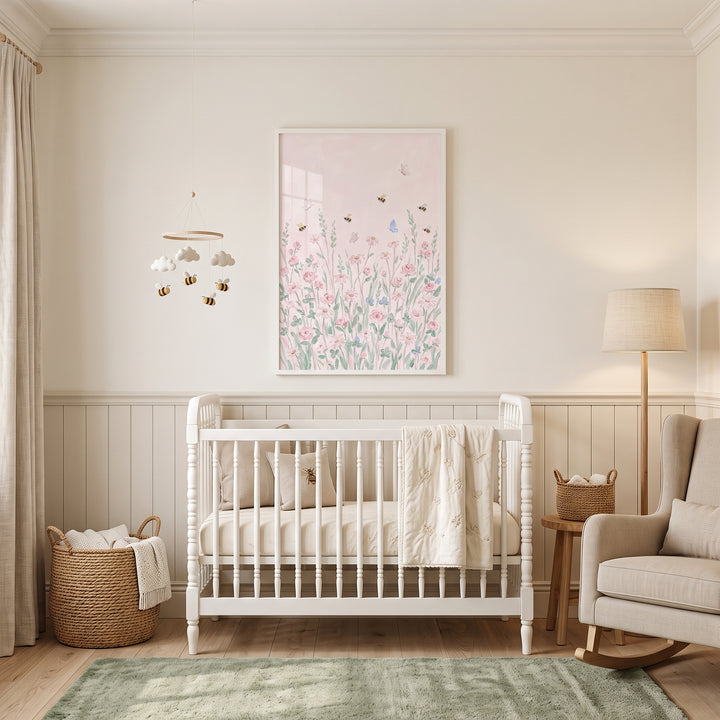 Nursery with a white crib, rocking chair, green rug, and soft watercolor bee wildflower wall art above the crib.