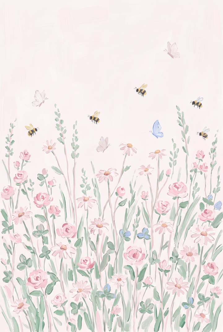 Soft watercolor bee wildflower wall art with pink flowers, bees, and butterflies on a pale pink background.