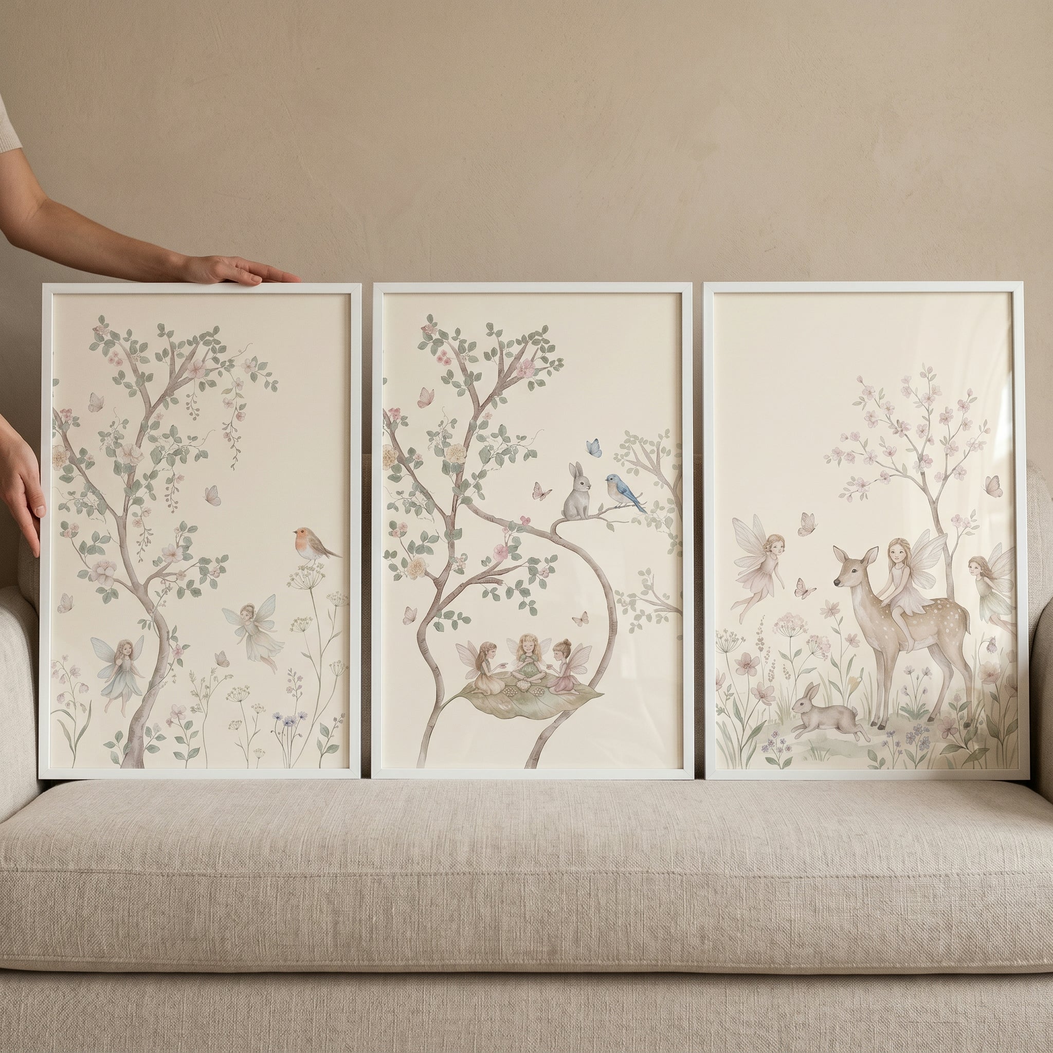 Soft Watercolor Blossom Fairies Wall Art Set of 3 - Soft Woodland Dreams