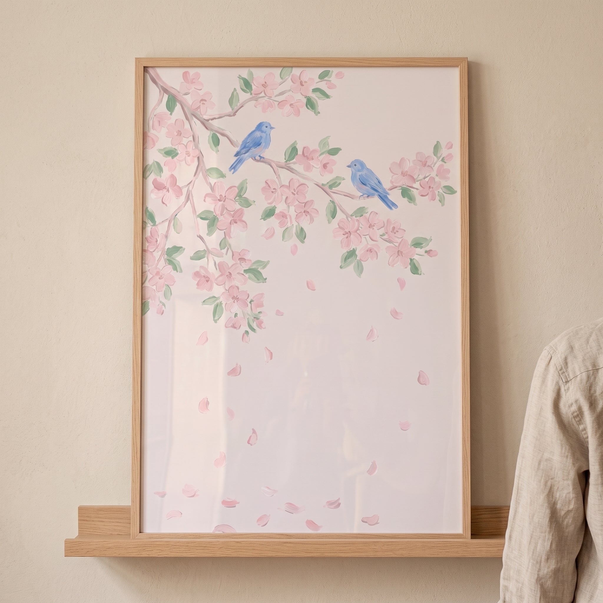 Soft Watercolor Blue Bird Wall Art - Spring Blossom Birds