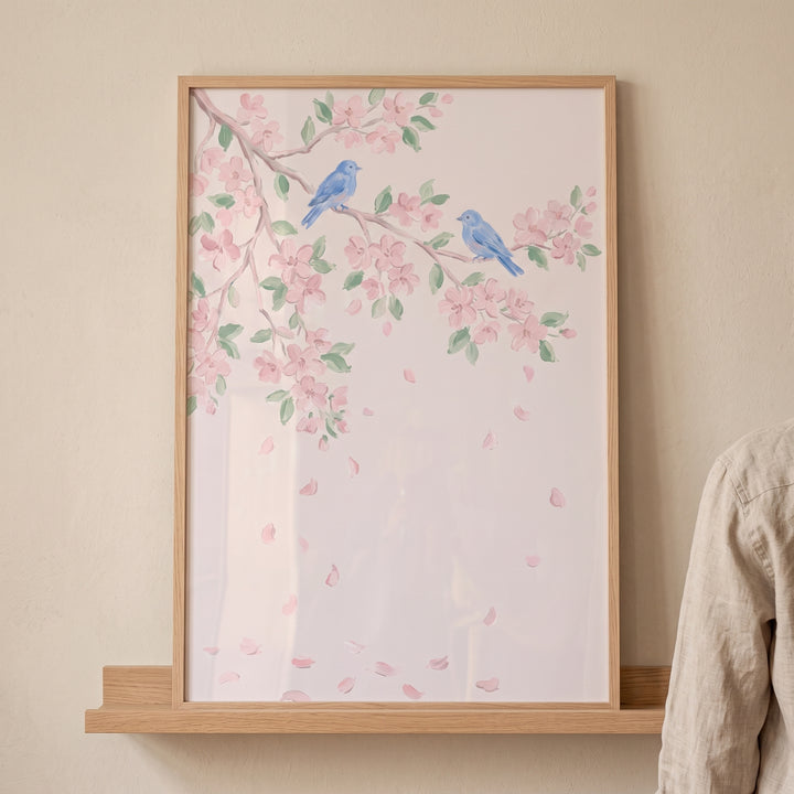 Soft watercolor blue bird wall art featuring two birds on cherry blossom branches, framed in light wood on a shelf.