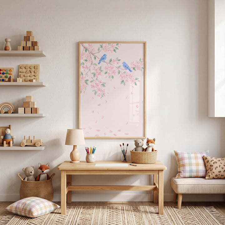 Soft watercolor blue bird wall art hangs above a wooden desk in a nursery with wooden toys and shelves.