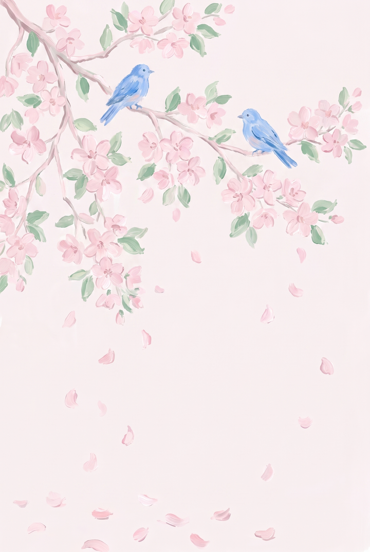 Two bluebirds perched on pink flower branches with falling petals, soft watercolor blue bird wall art.