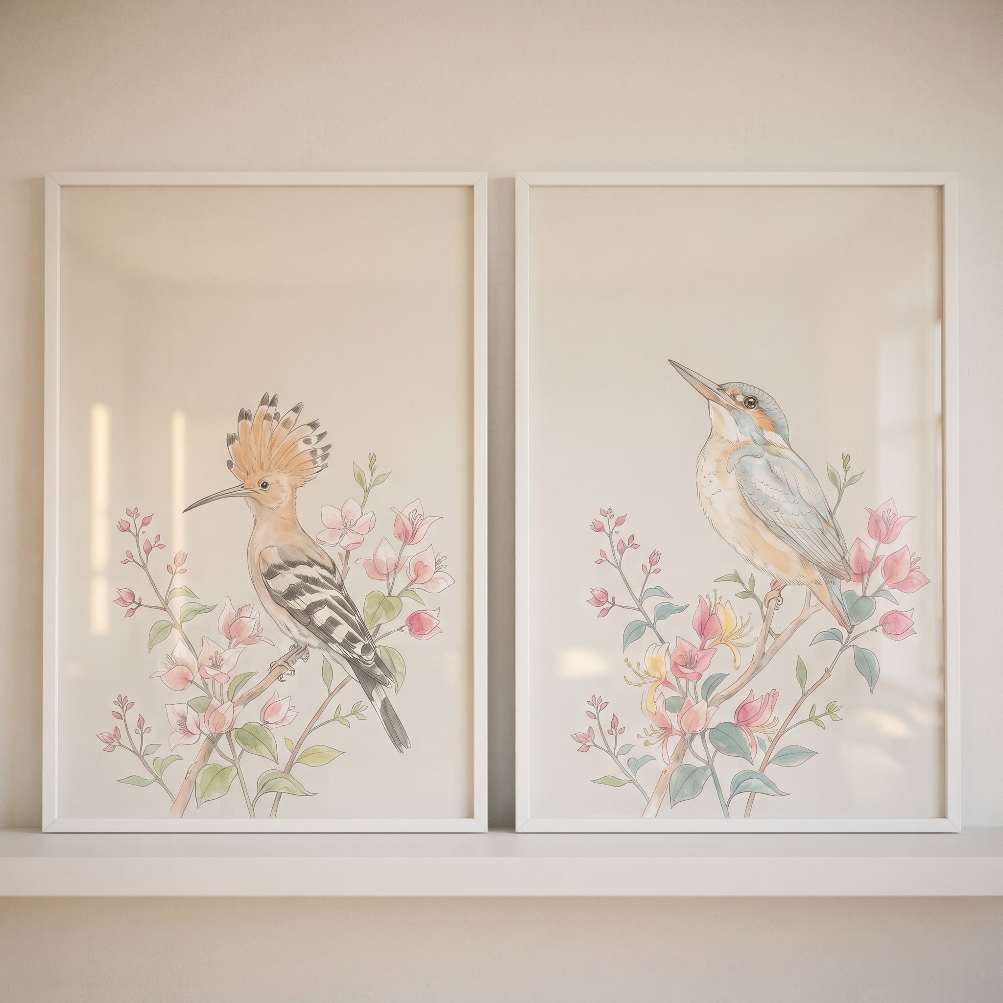 Soft Watercolor Botanical Birds Wall Art Set of 2 - Spring Songbird Duo