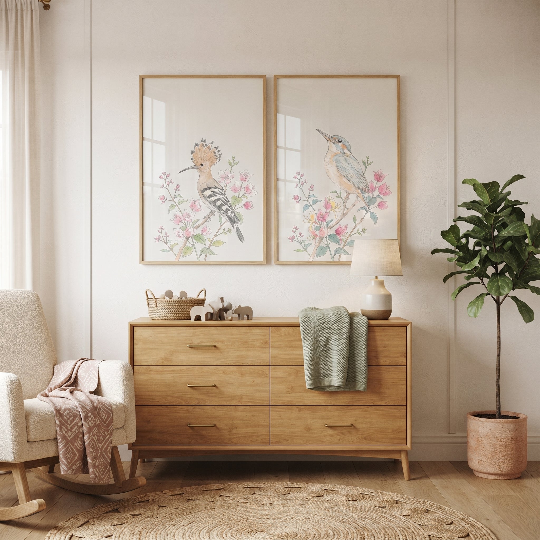 Soft Watercolor Botanical Birds Wall Art Set of 2 - Spring Songbird Duo