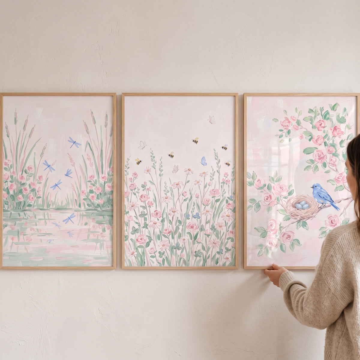 Soft watercolor botanical garden wall art set of 3 with pink flowers, dragonflies, and a blue bird hung on a wall.