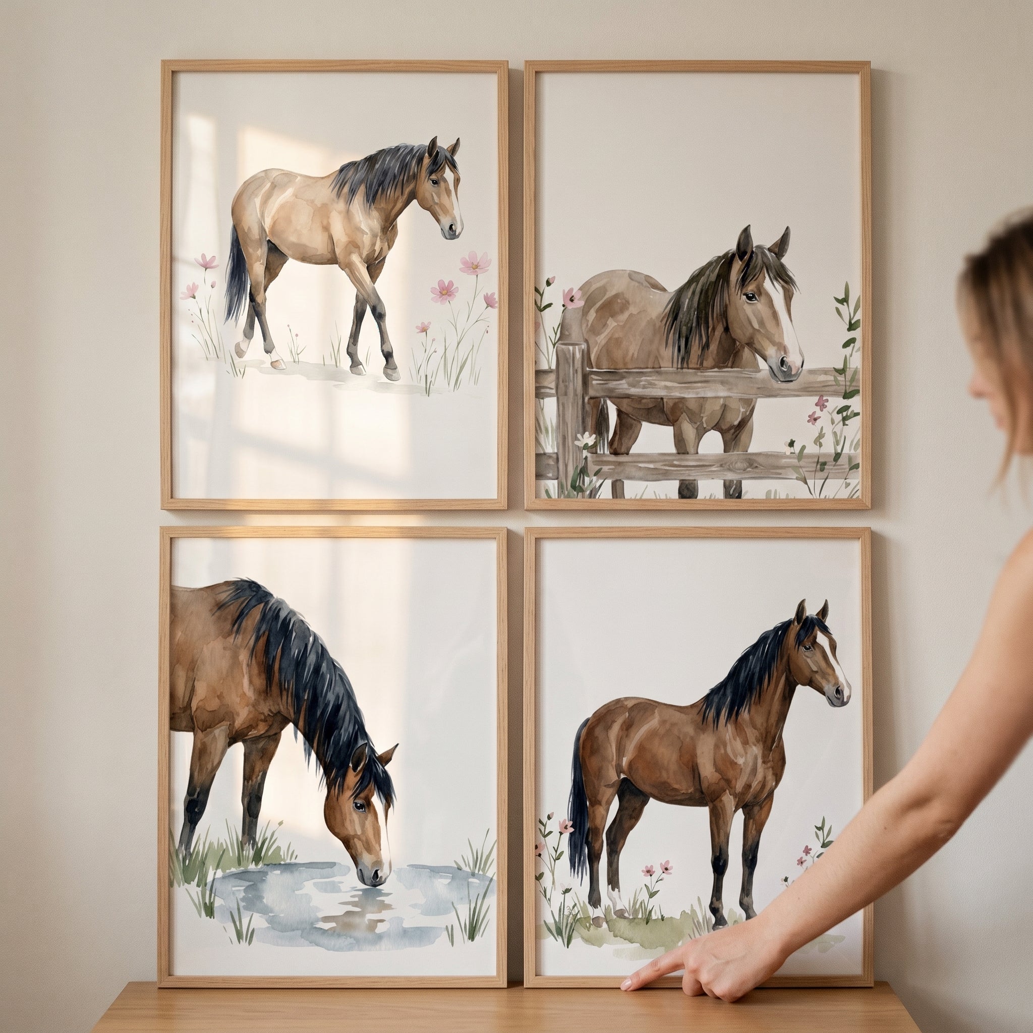 Soft Watercolor Brown Horse Wall Art Set of 4 - Rustic Horse Collection