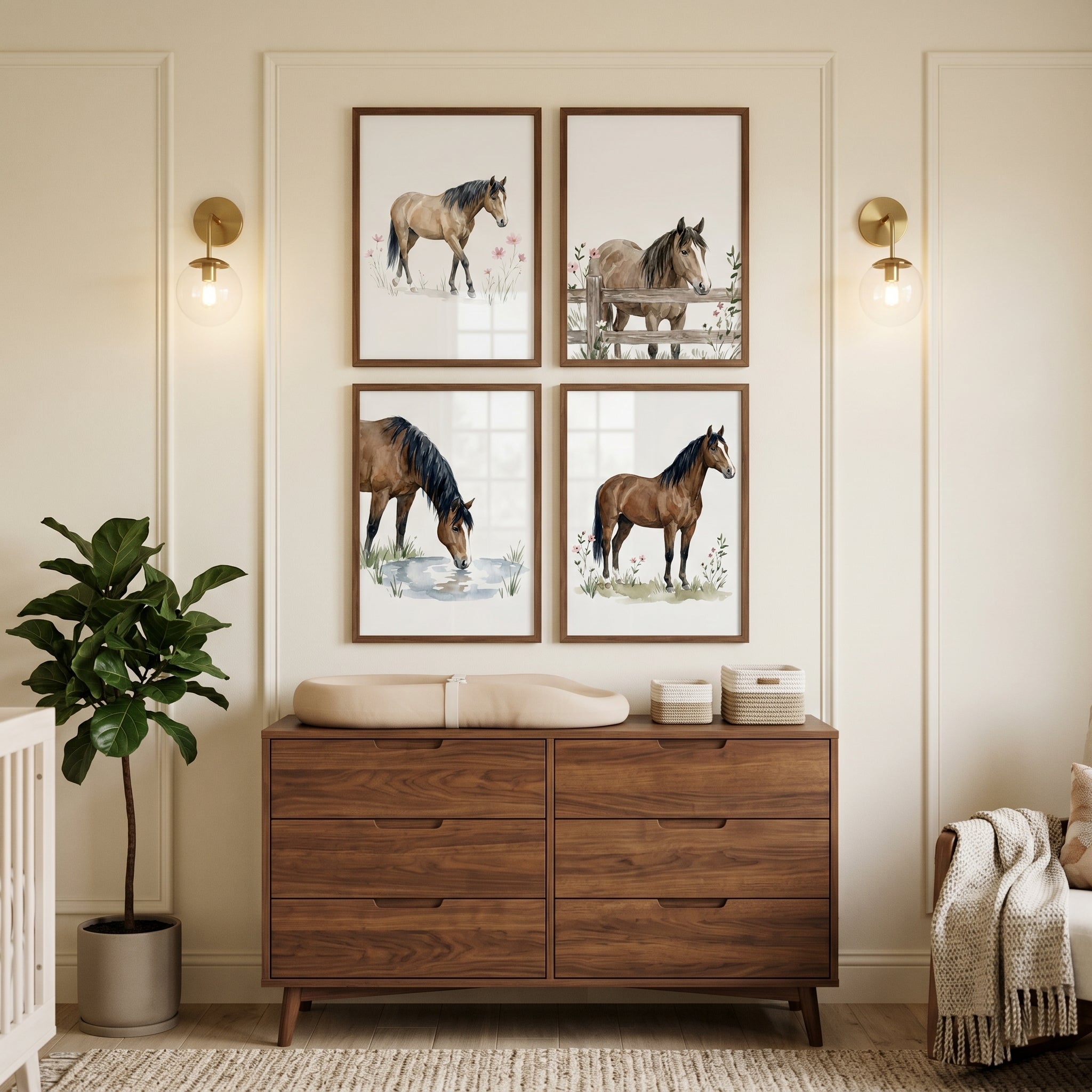 Soft Watercolor Brown Horse Wall Art Set of 4 - Rustic Horse Collection