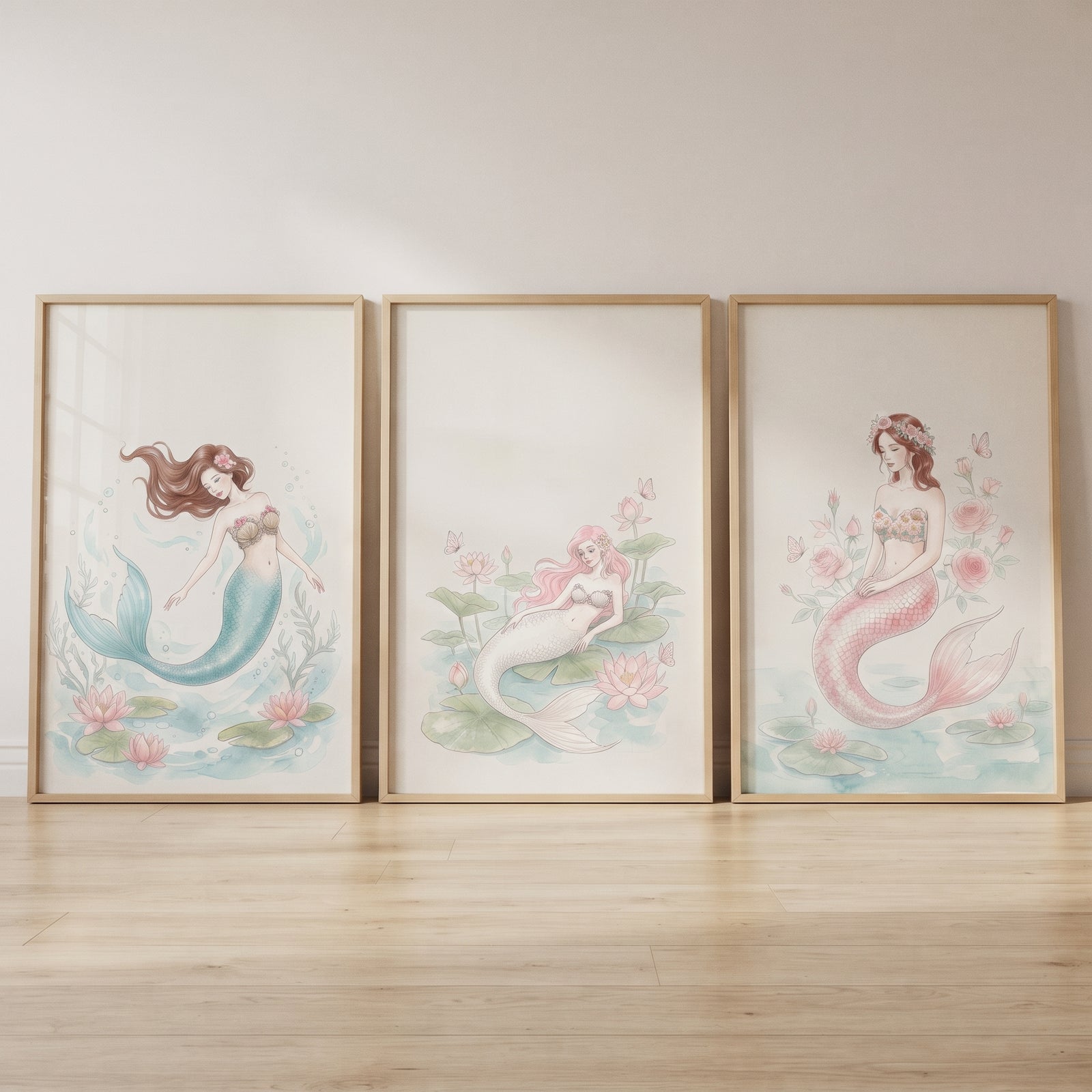 Soft watercolor butterfly mermaid wall art set of 3 in wooden frames leans against a wall on a light wood floor.