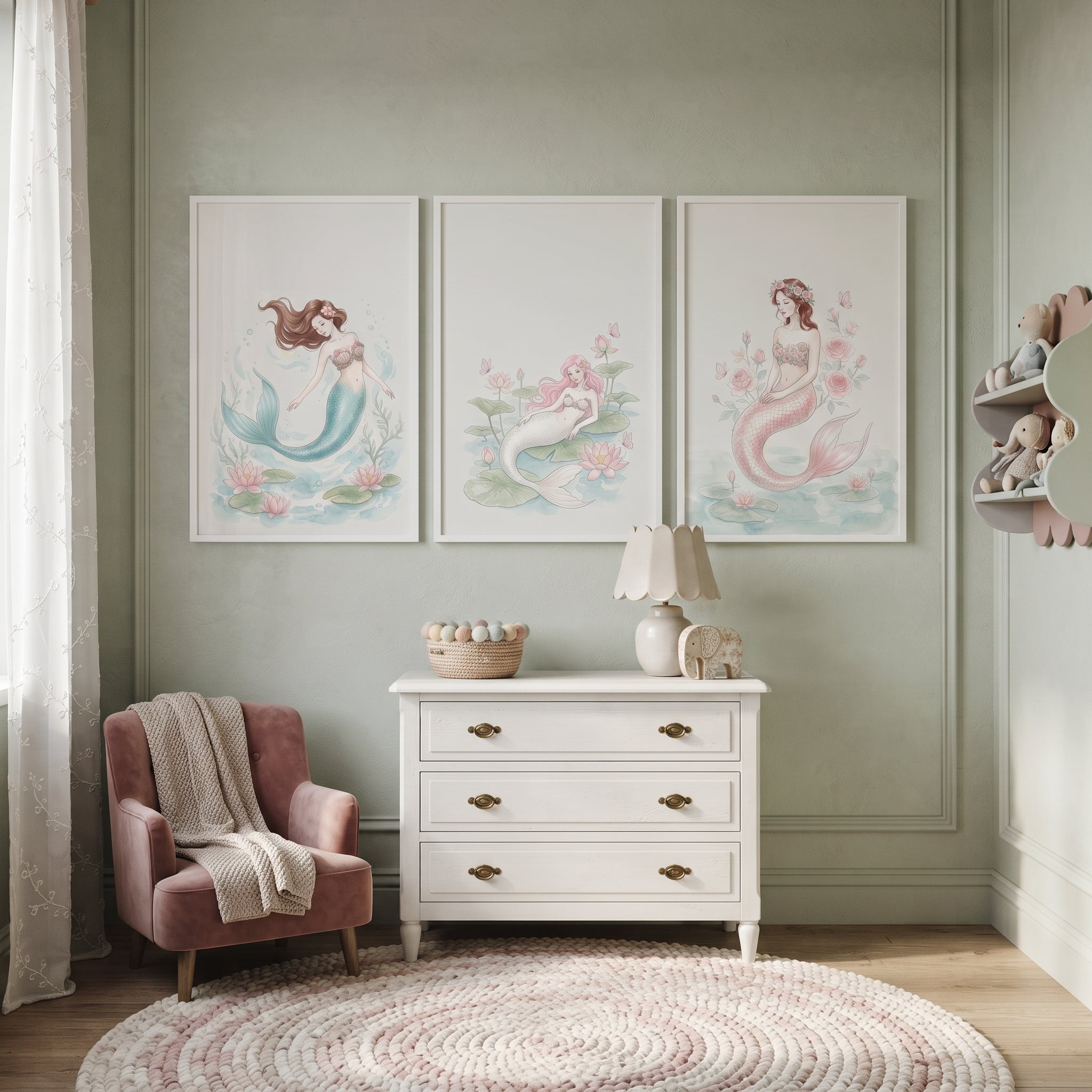 Soft Watercolor Butterfly Mermaid Wall Art Set of 3 - Whimsical Mermaid Trio