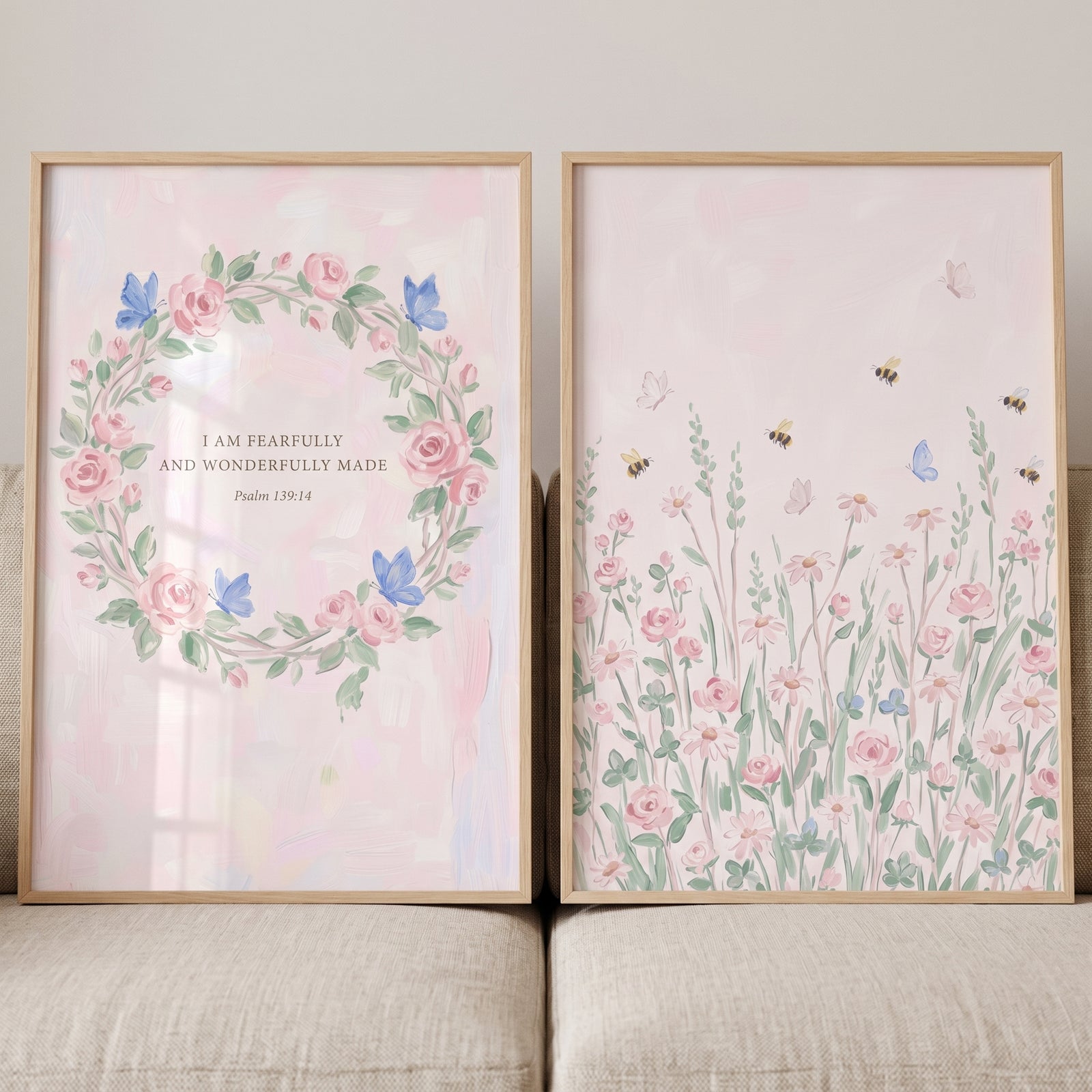 Soft watercolor butterfly wall art set of 2 featuring a Psalm 139:14 rose wreath and wildflower meadow with bees.
