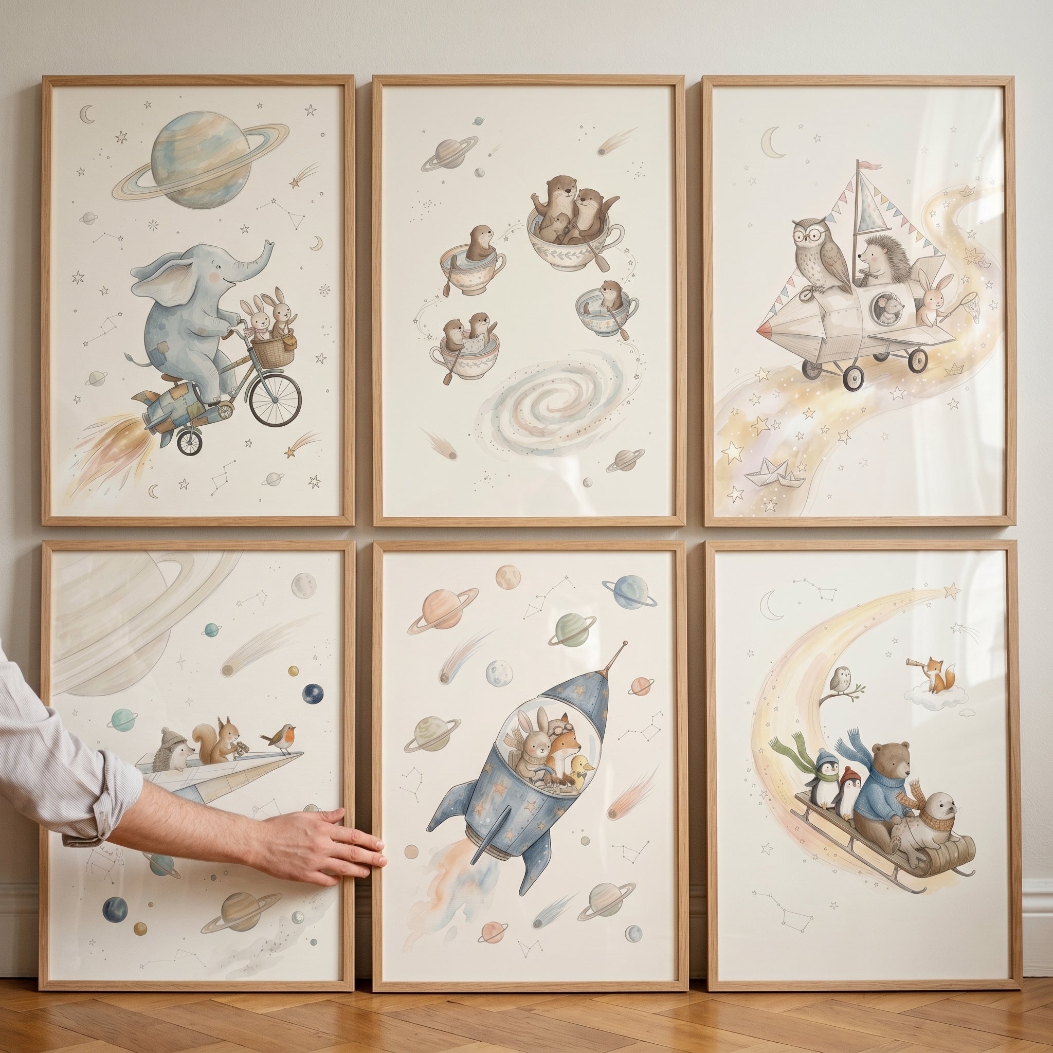 Soft Watercolor Celestial Animals Wall Art Set of 6 - Whimsical Space Friends