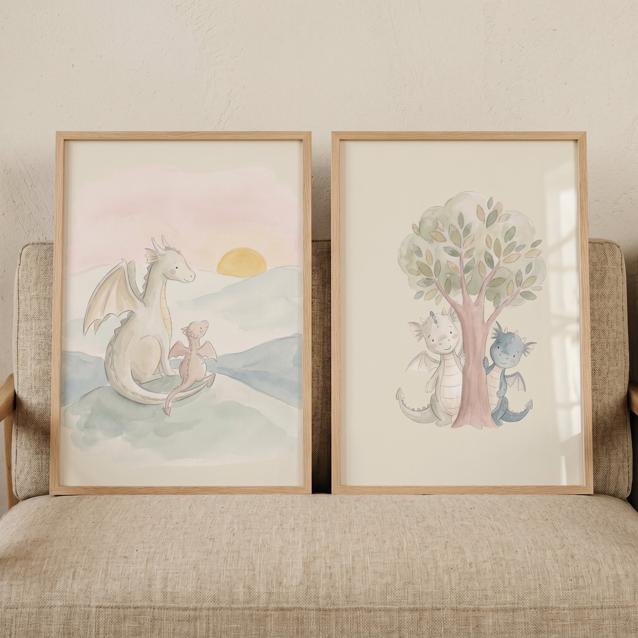 Soft Watercolor Dragons Wall Art Set of 2 - Sweet Dragon Nursery