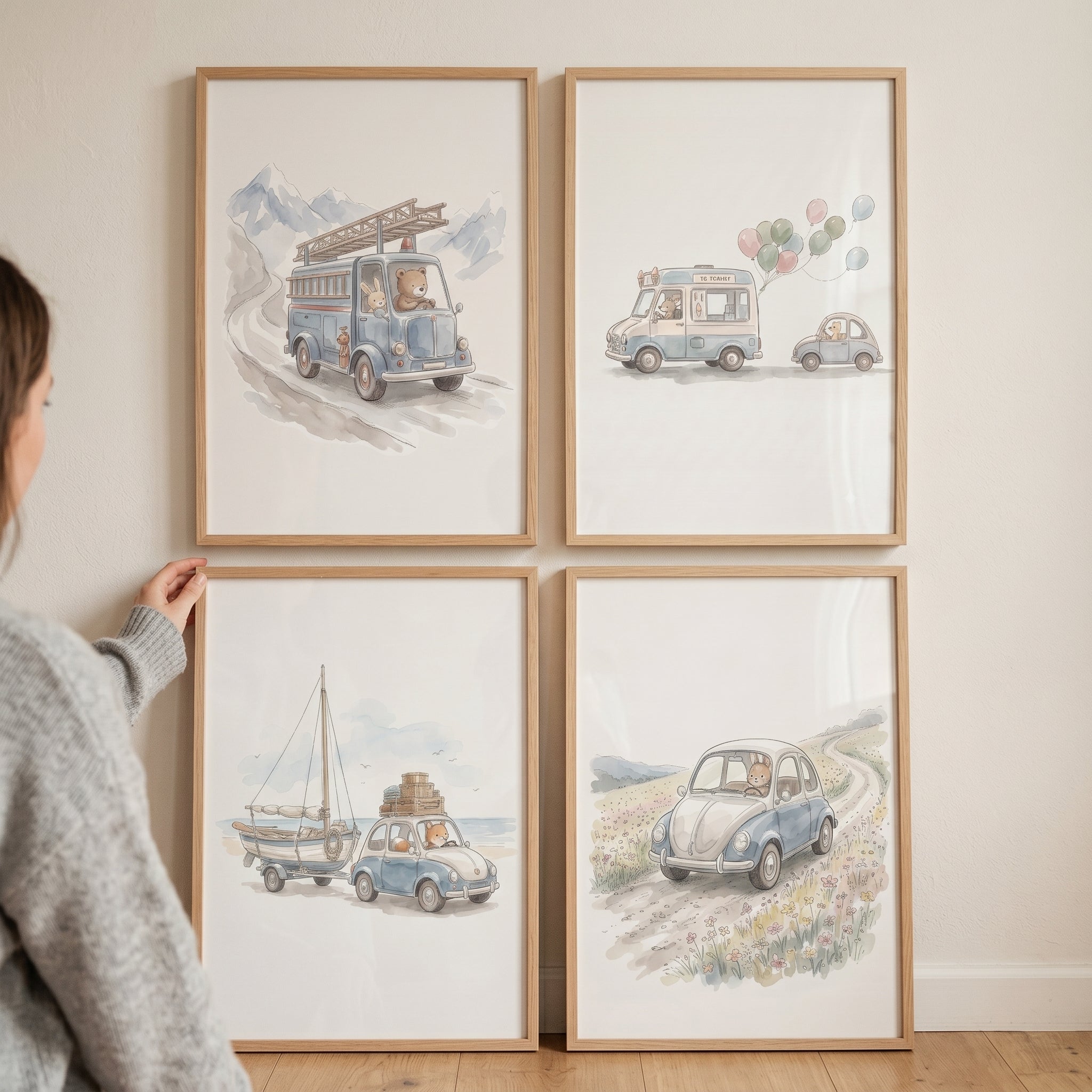 Soft Watercolor Driving Animals Wall Art Set of 4 - Whimsical Animal Adventures