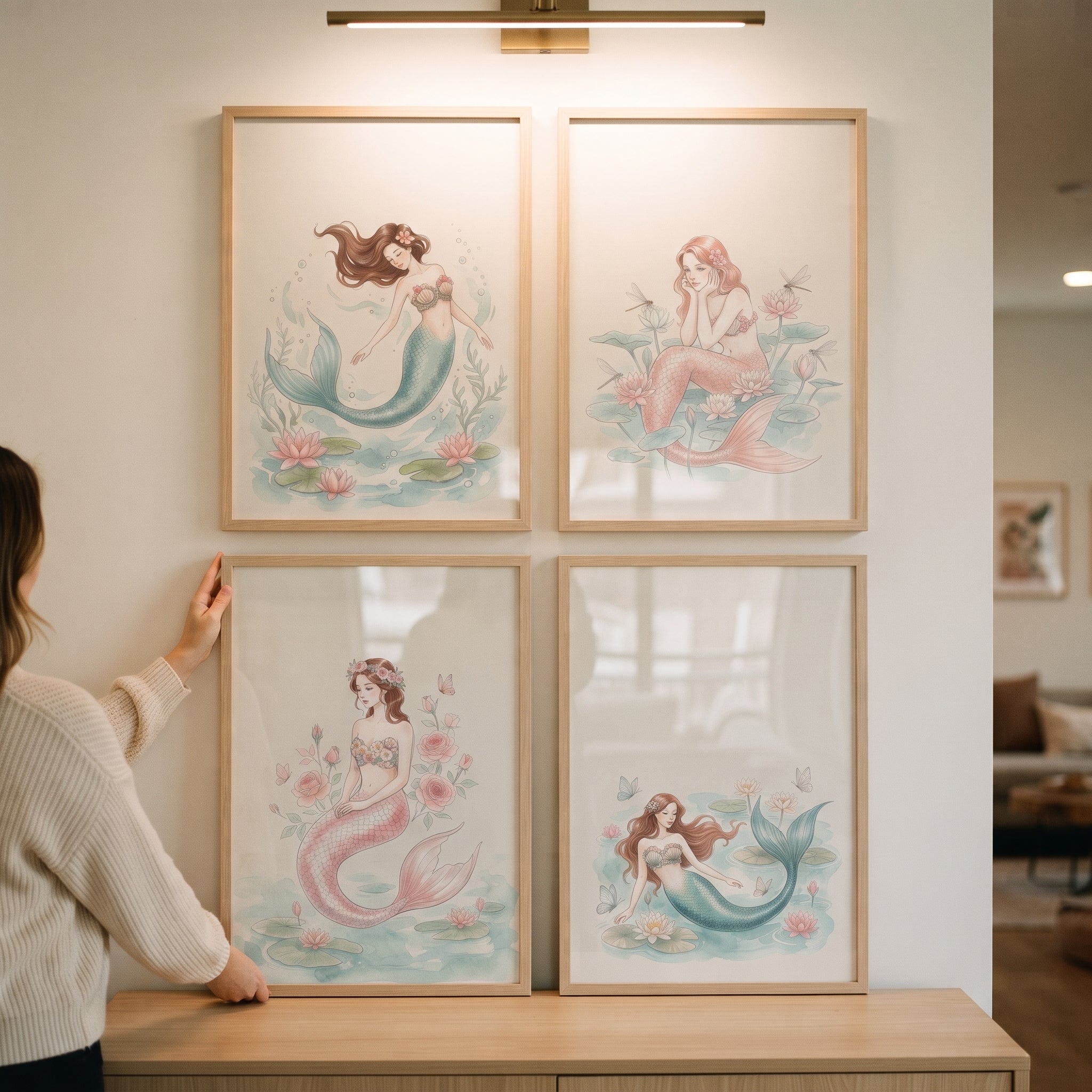 Soft Watercolor Ethereal Mermaid Wall Art Set of 4 - Floral Mermaid Dreams