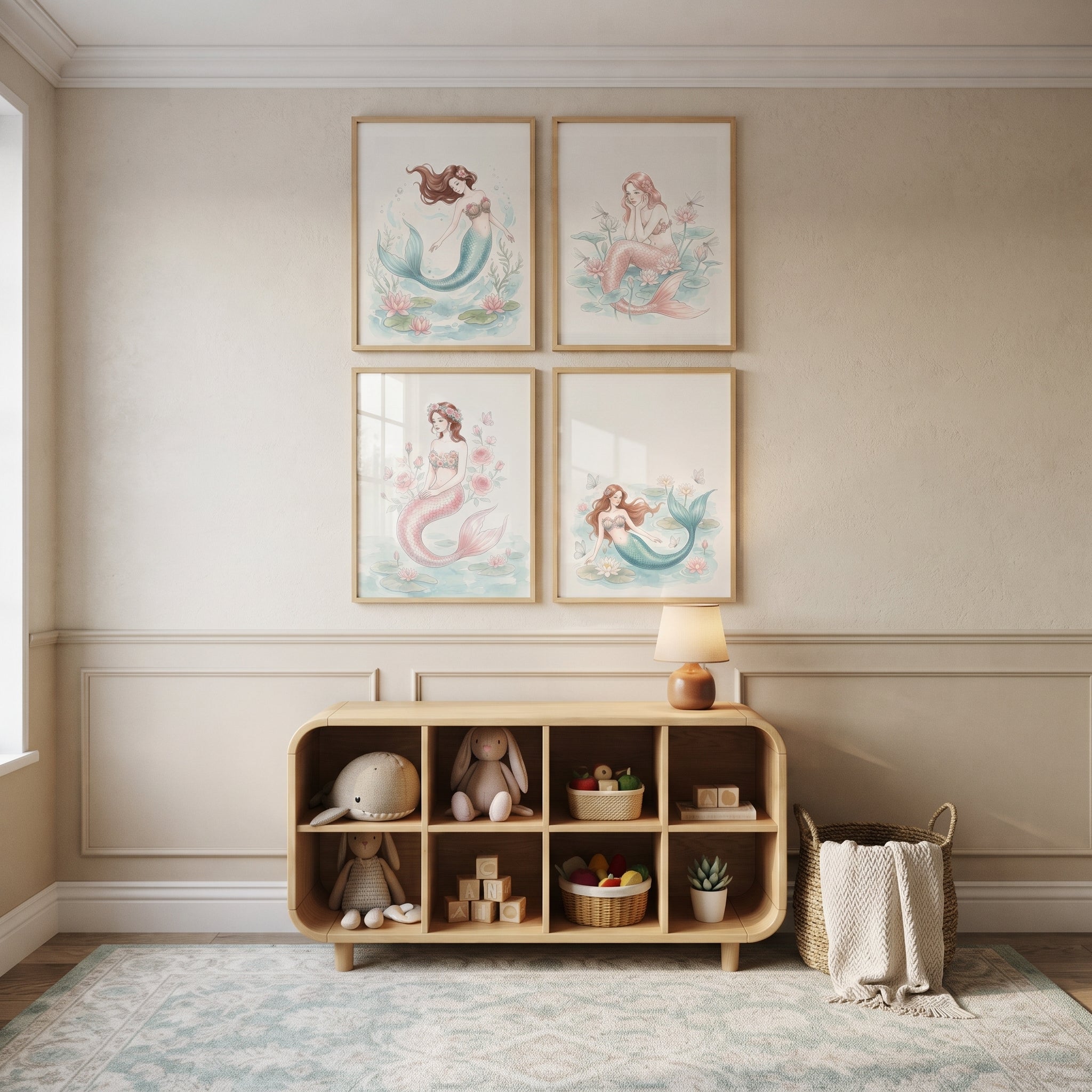 Soft Watercolor Ethereal Mermaid Wall Art Set of 4 - Floral Mermaid Dreams