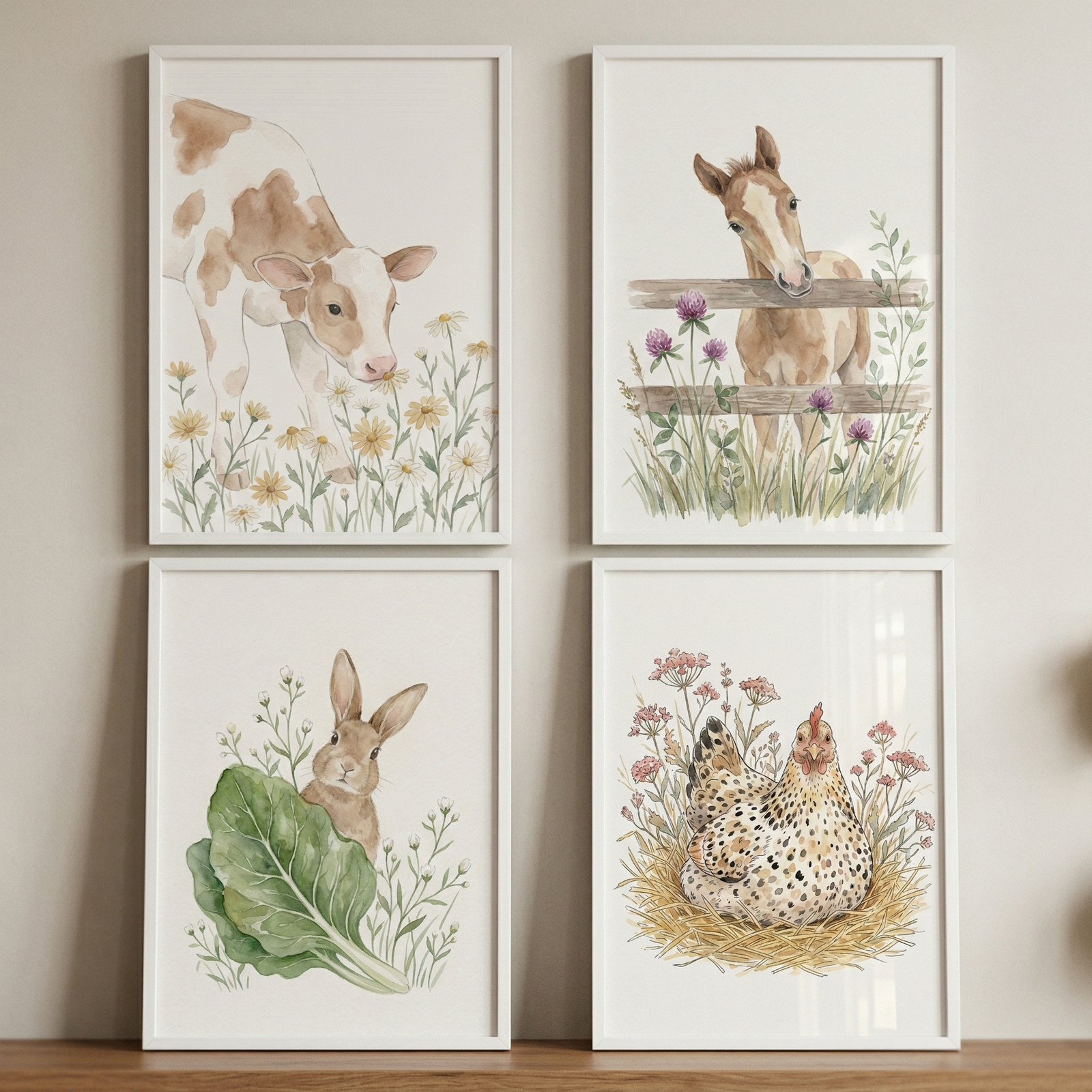 A set of four framed illustrations arranged in a grid. Each features a farm animal in a delicate watercolor style. Top left: a brown and white calf stands among yellow daisies. Top right: a brown foal peeks over a wooden fence with purple clover. Bottom left: a small brown rabbit hides behind a large green leaf and white wildflowers. Bottom right: a speckled hen sits in a straw nest surrounded by pink blossoms. Each piece is housed in a simple white frame.