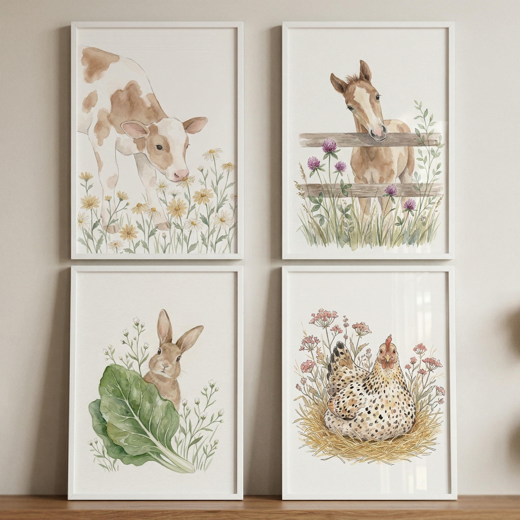 Soft Watercolor Farm Animal Wall Art Set of 4 - Barnyard Animal Friends