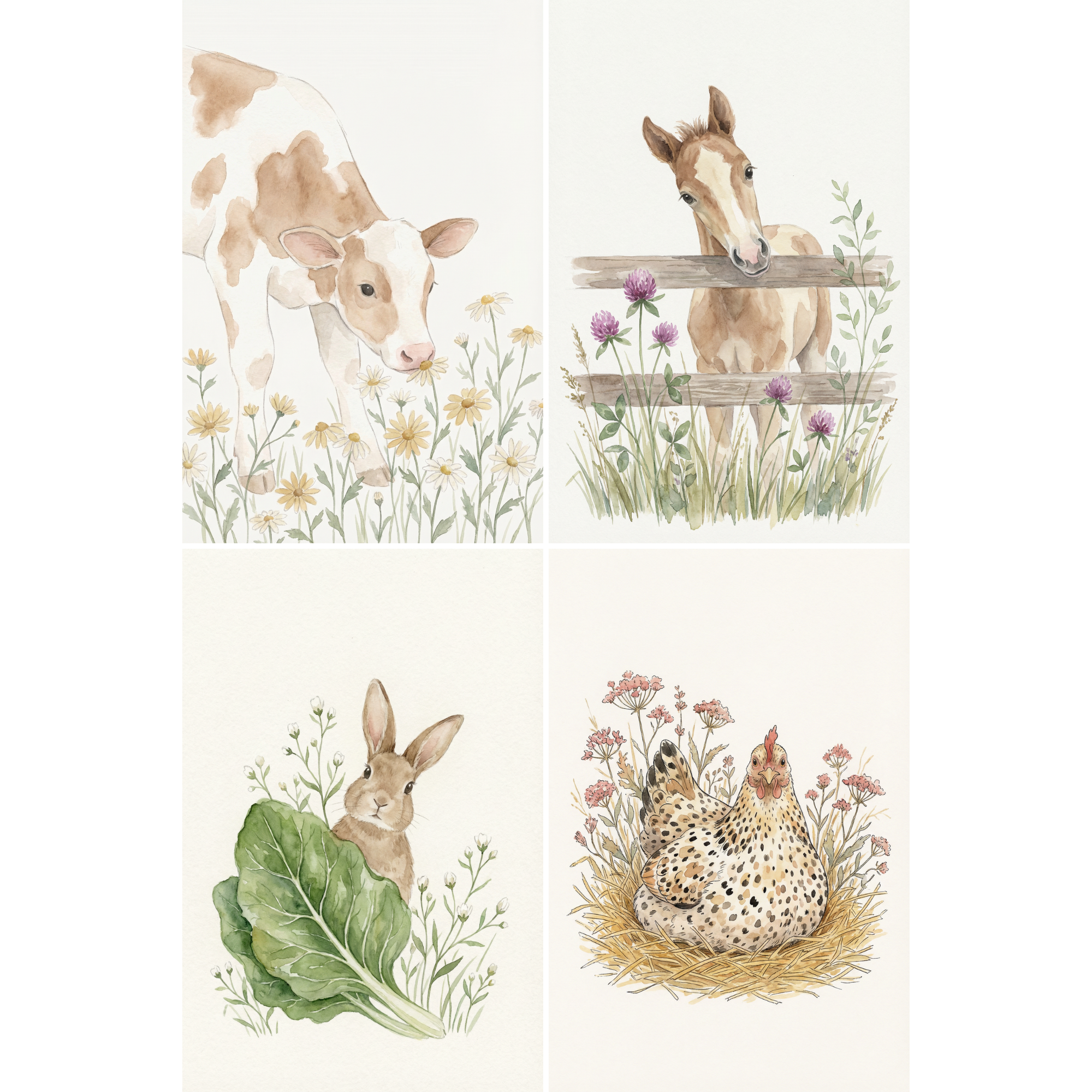 Soft Watercolor Farm Animal Wall Art Set of 4 - Barnyard Animal Friends