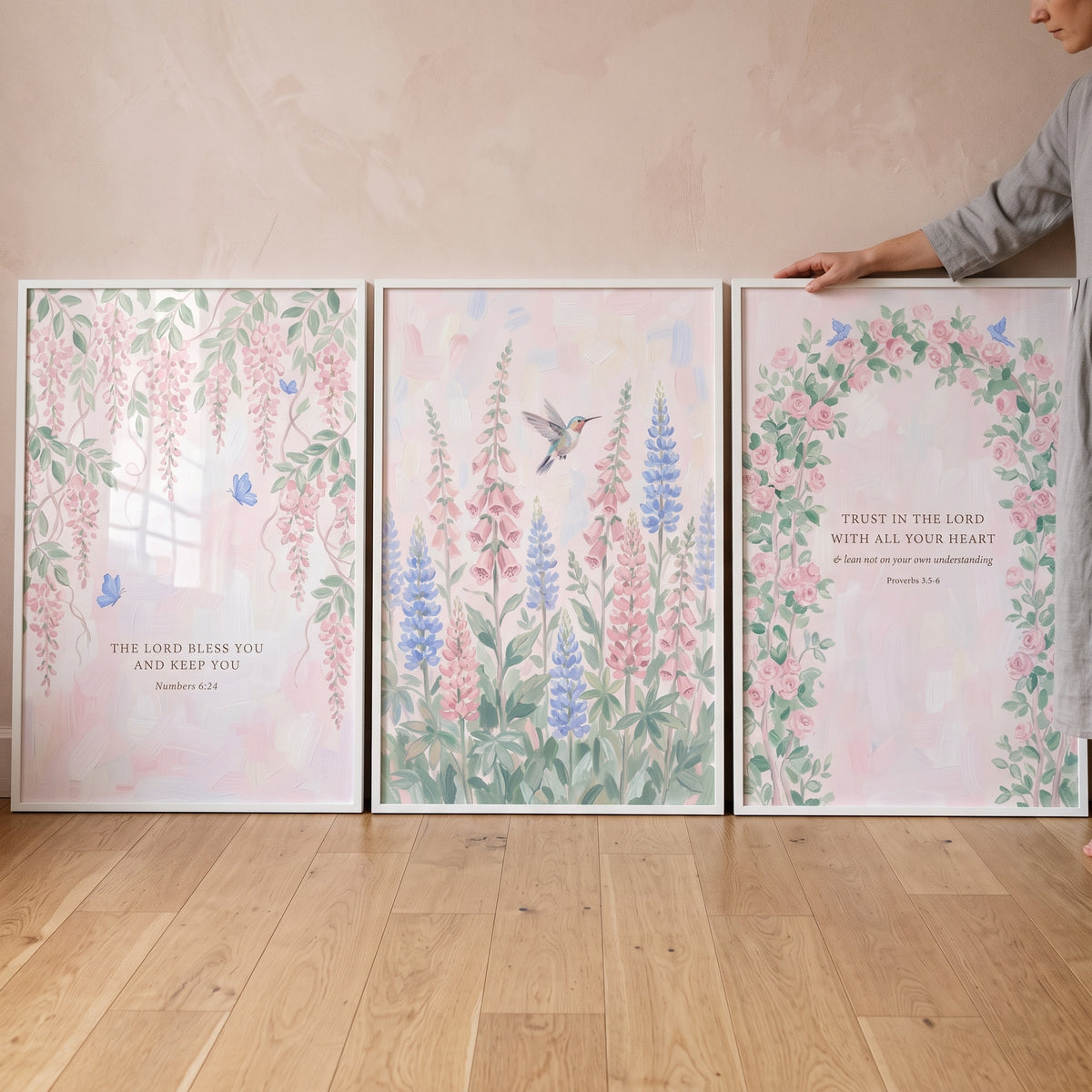 Soft Watercolor Floral Garden Wall Art Set of 3 - Serene Garden Blessings