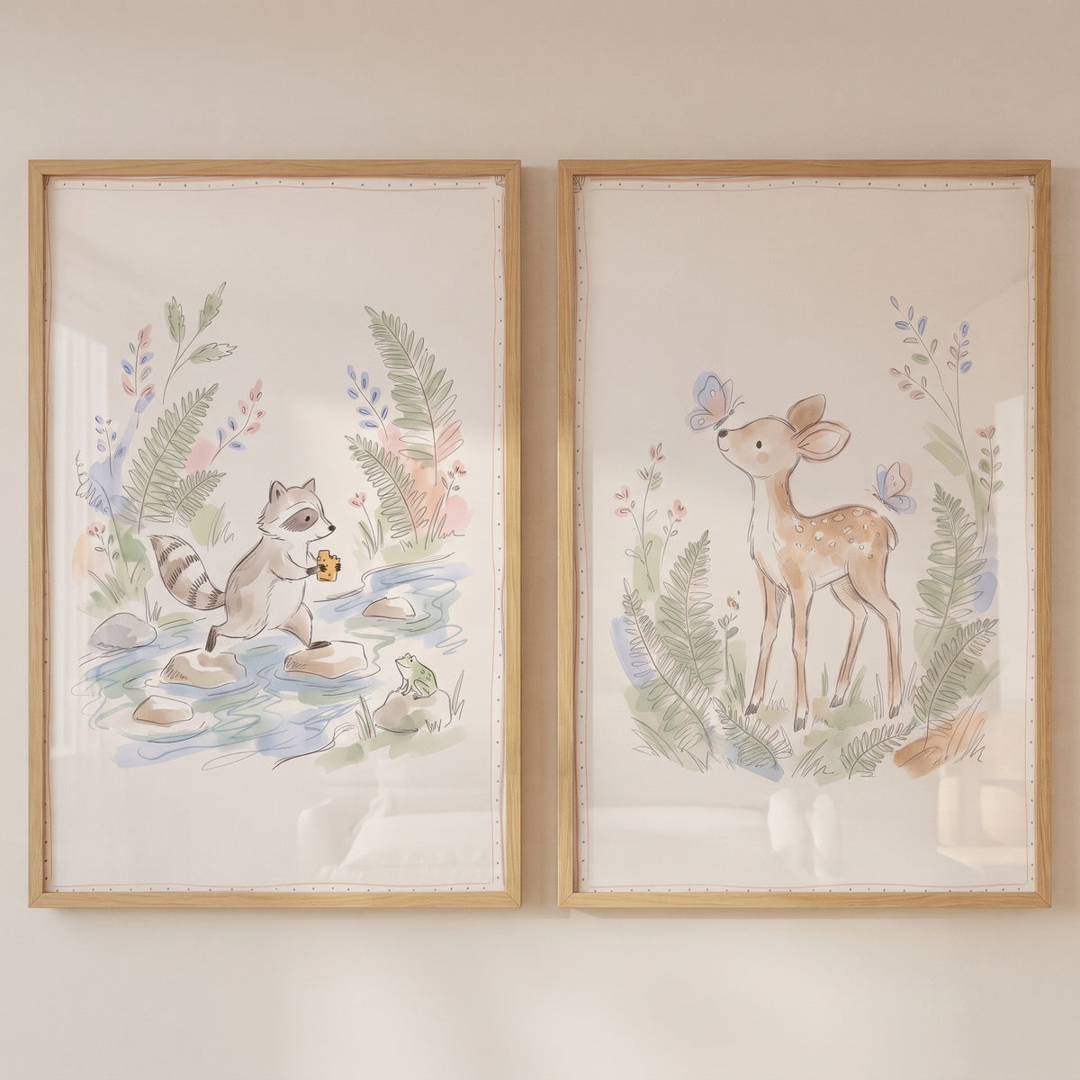 Soft Watercolor Forest Animal Wall Art Set of 2 - Woodland Friends Duo