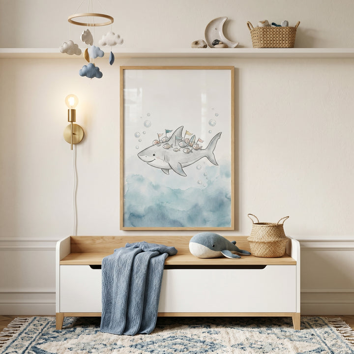 Soft watercolor friendly shark wall art hangs above a white storage bench with a plush whale and blue blanket.