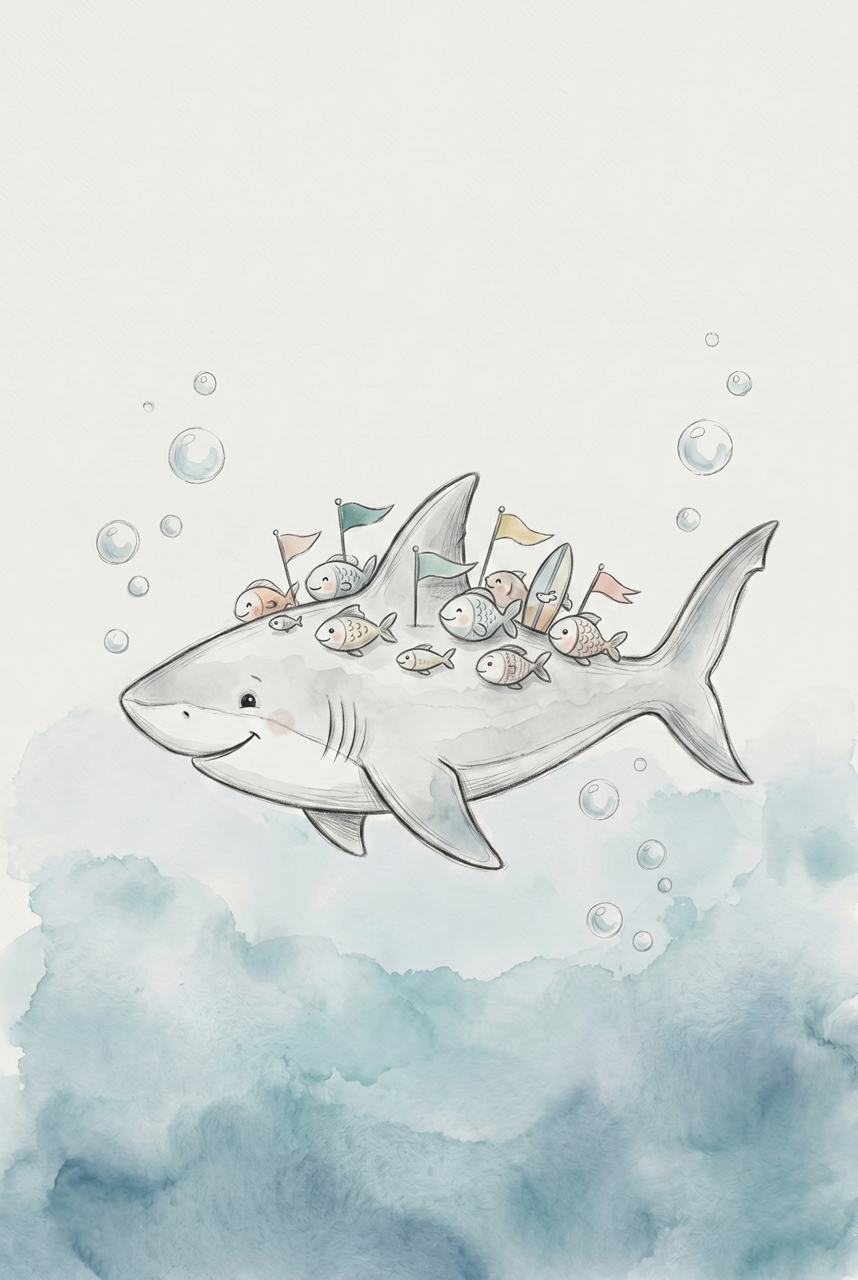 Soft Watercolor Friendly Shark Wall Art - Shark Surf Squad