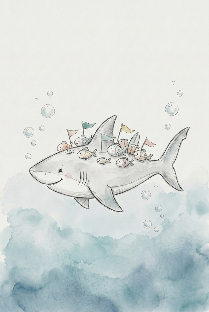 Soft watercolor friendly shark wall art of a smiling shark carrying fish with flags through bubbles and blue water.