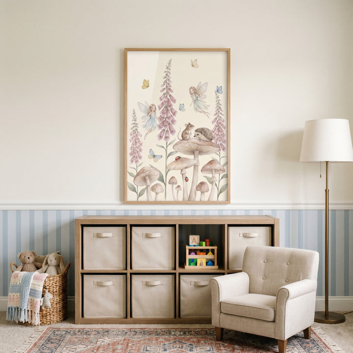 Soft watercolor garden fairies wall art above a wooden shelf with bins, a small beige armchair, and a basket of toys.