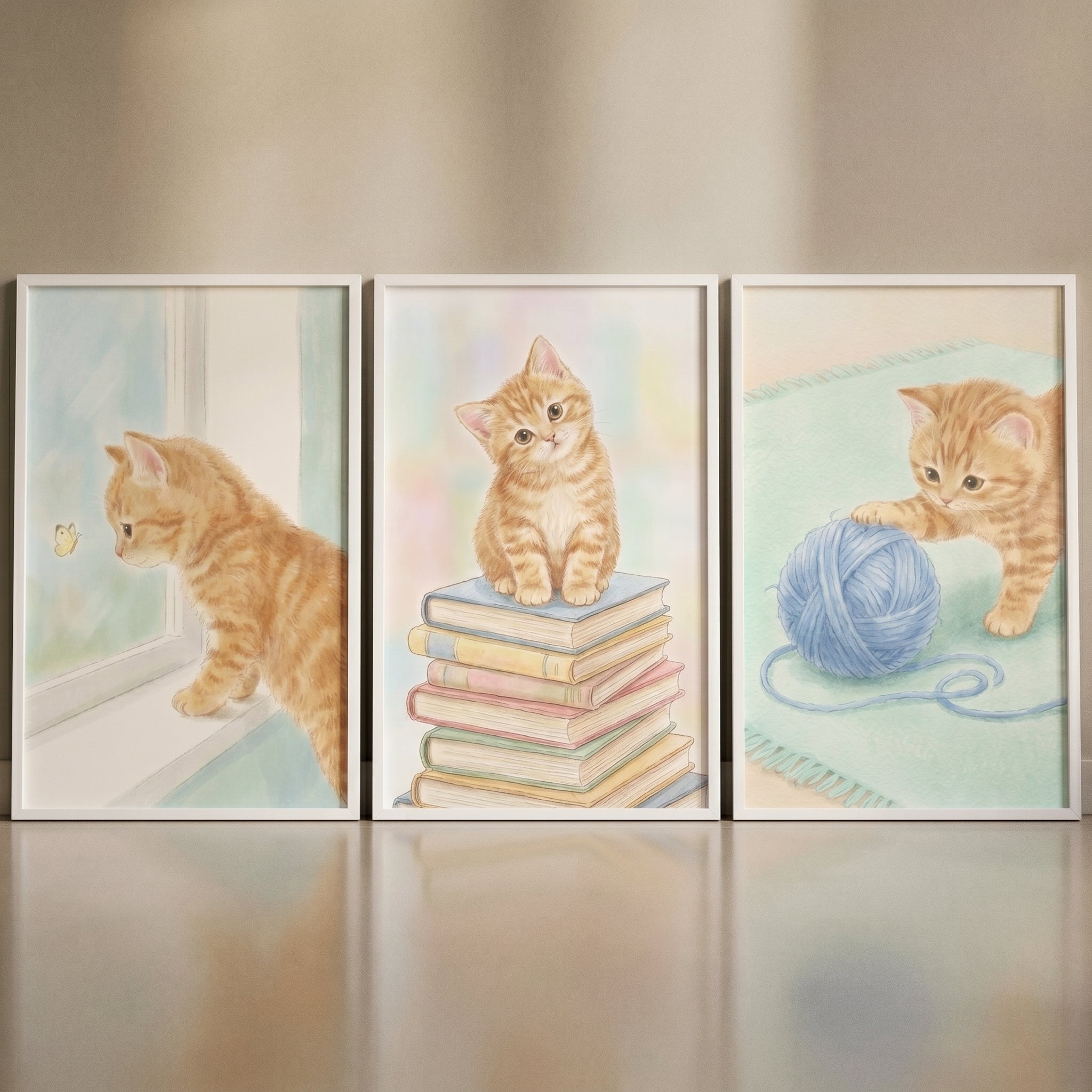Soft Watercolor Ginger Kitten Wall Art Set of 3 - Curious Ginger Kitten