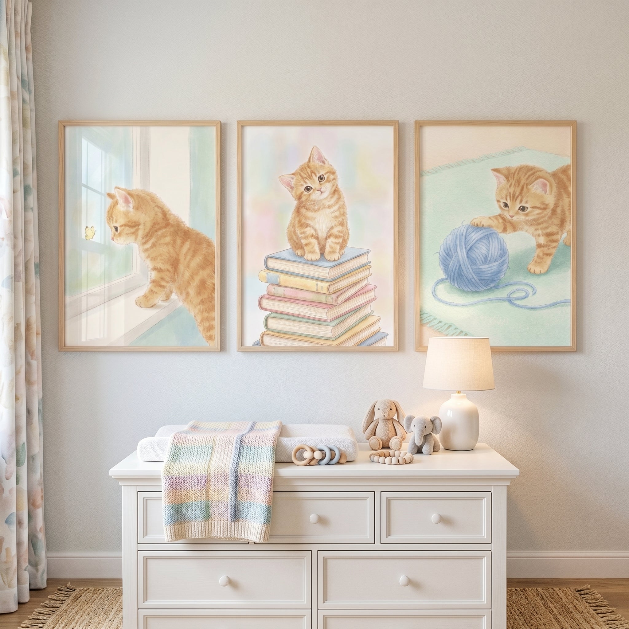Soft Watercolor Ginger Kitten Wall Art Set of 3 - Curious Ginger Kitten