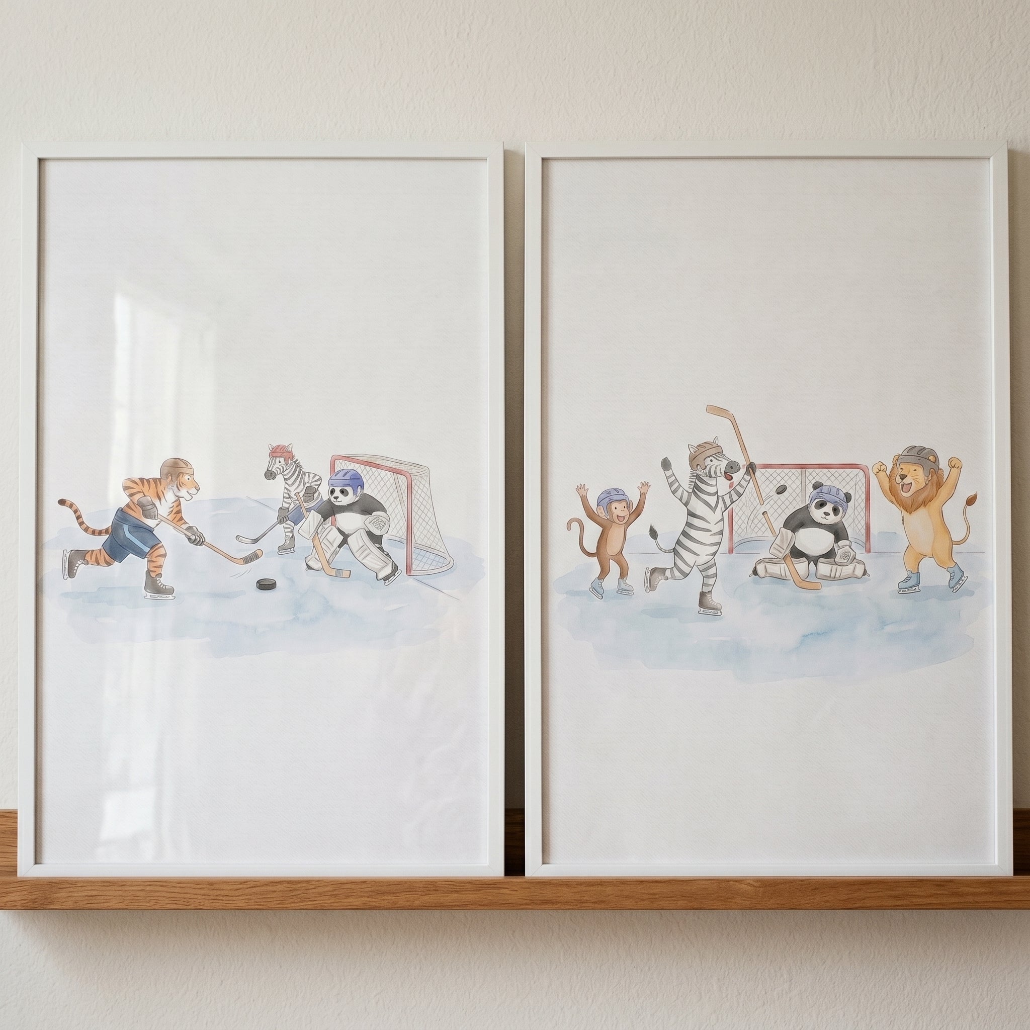 Soft Watercolor Hockey Animals Wall Art Set of 2 - Wild Hockey Match