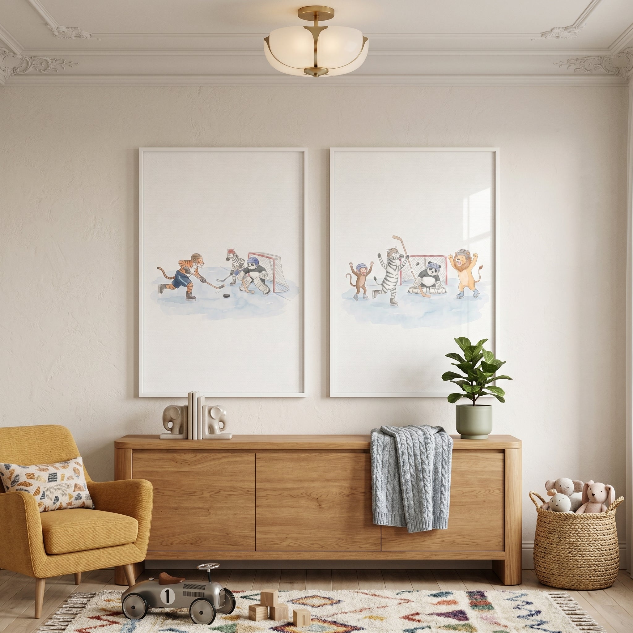 Soft Watercolor Hockey Animals Wall Art Set of 2 - Wild Hockey Match
