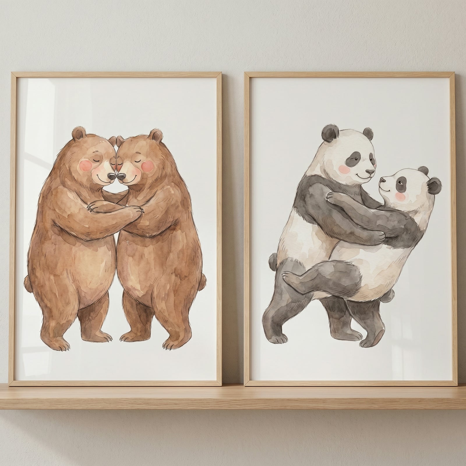 Soft watercolor hugging bear wall art set of 2 featuring brown bears and pandas in sweet embraces within wooden frames.