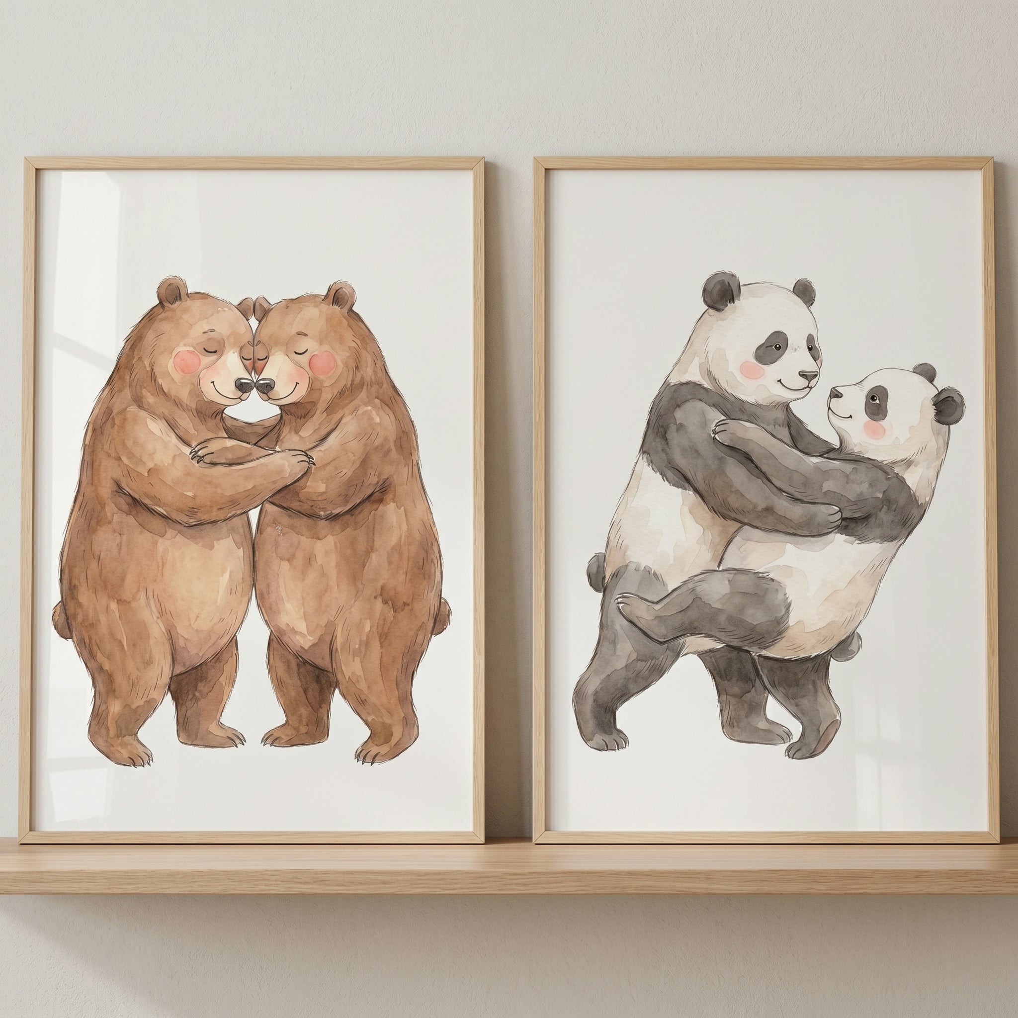 Soft Watercolor Hugging Bear Wall Art Set of 2 - Sweet Bear Cuddles