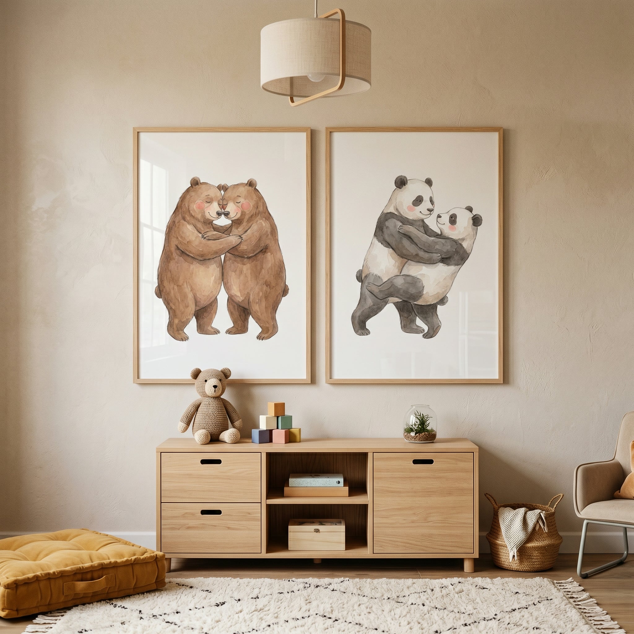 Soft Watercolor Hugging Bear Wall Art Set of 2 - Sweet Bear Cuddles
