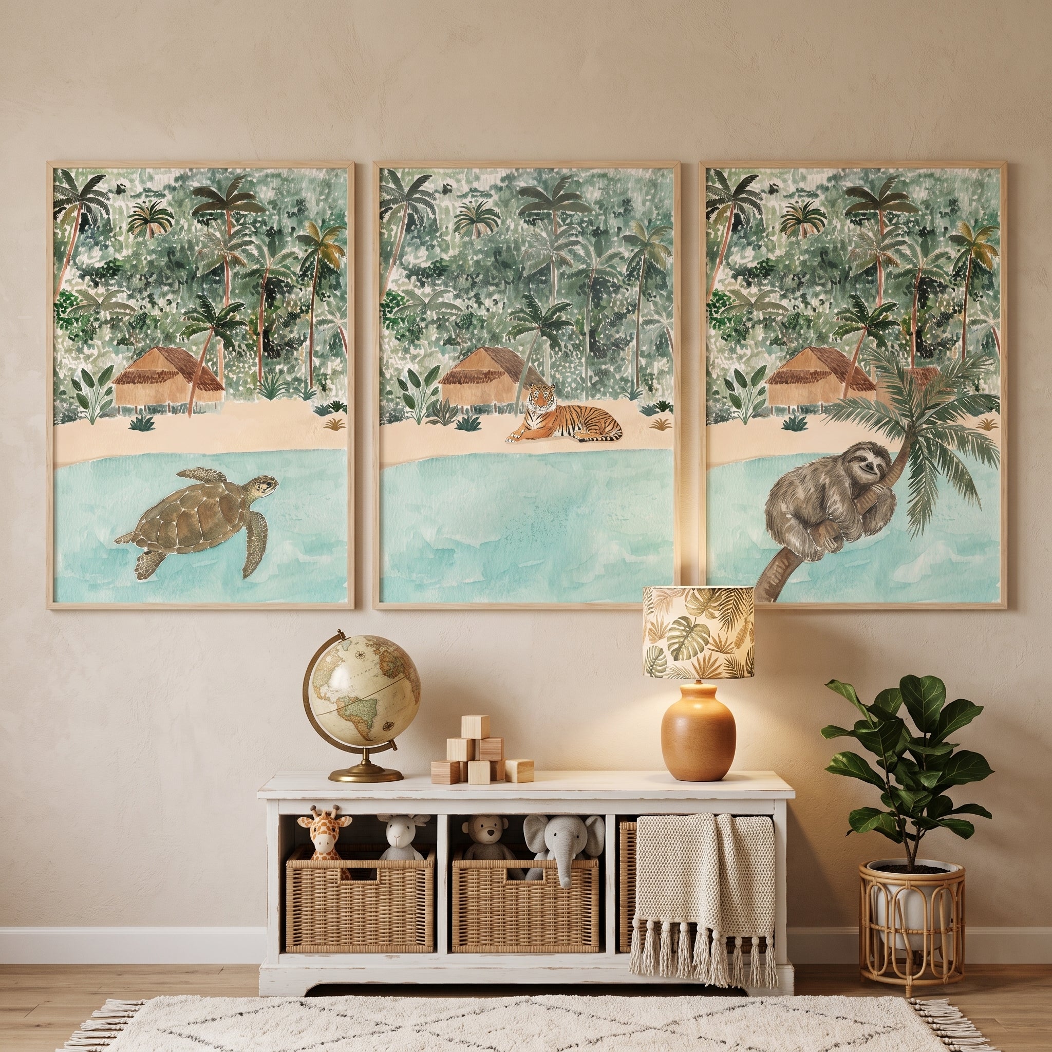 Soft Watercolor Island Animals Wall Art Set of 3 - Tropical Shore Life