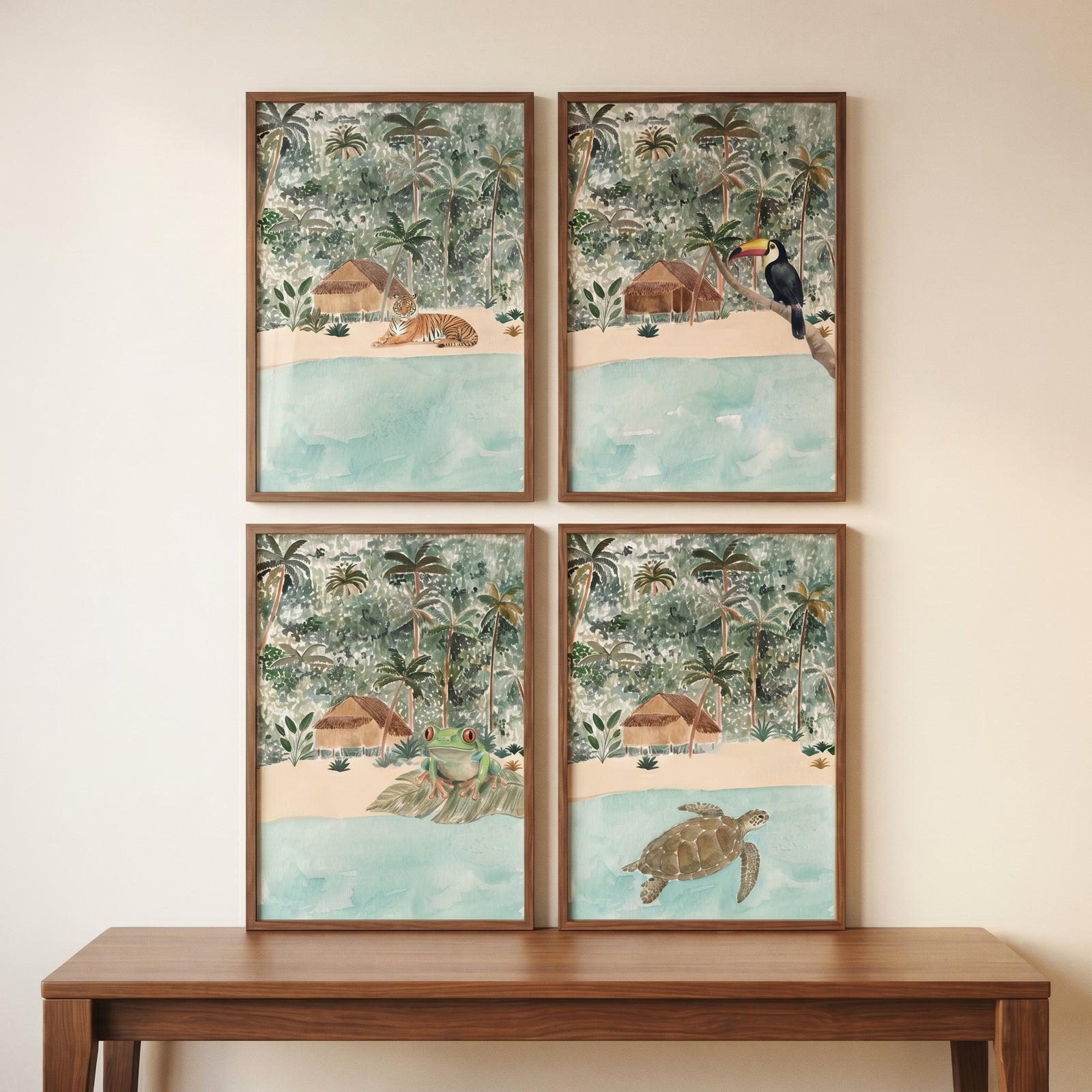 Soft watercolor jungle animals wall art set of 4 with a tiger, toucan, frog, and turtle above a wooden table.