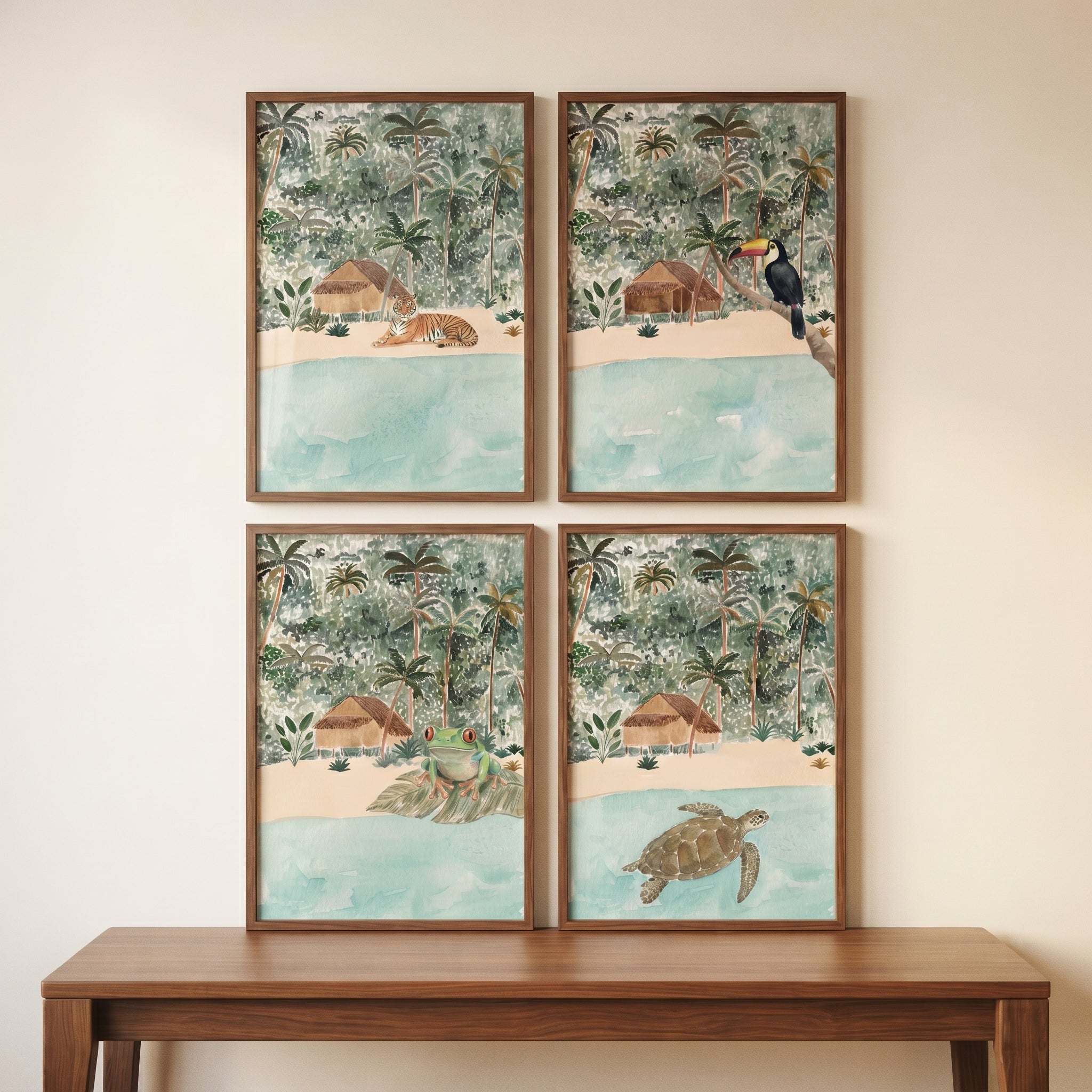 Soft Watercolor Jungle Animals Wall Art Set of 4 - Tropical Island Wildlife
